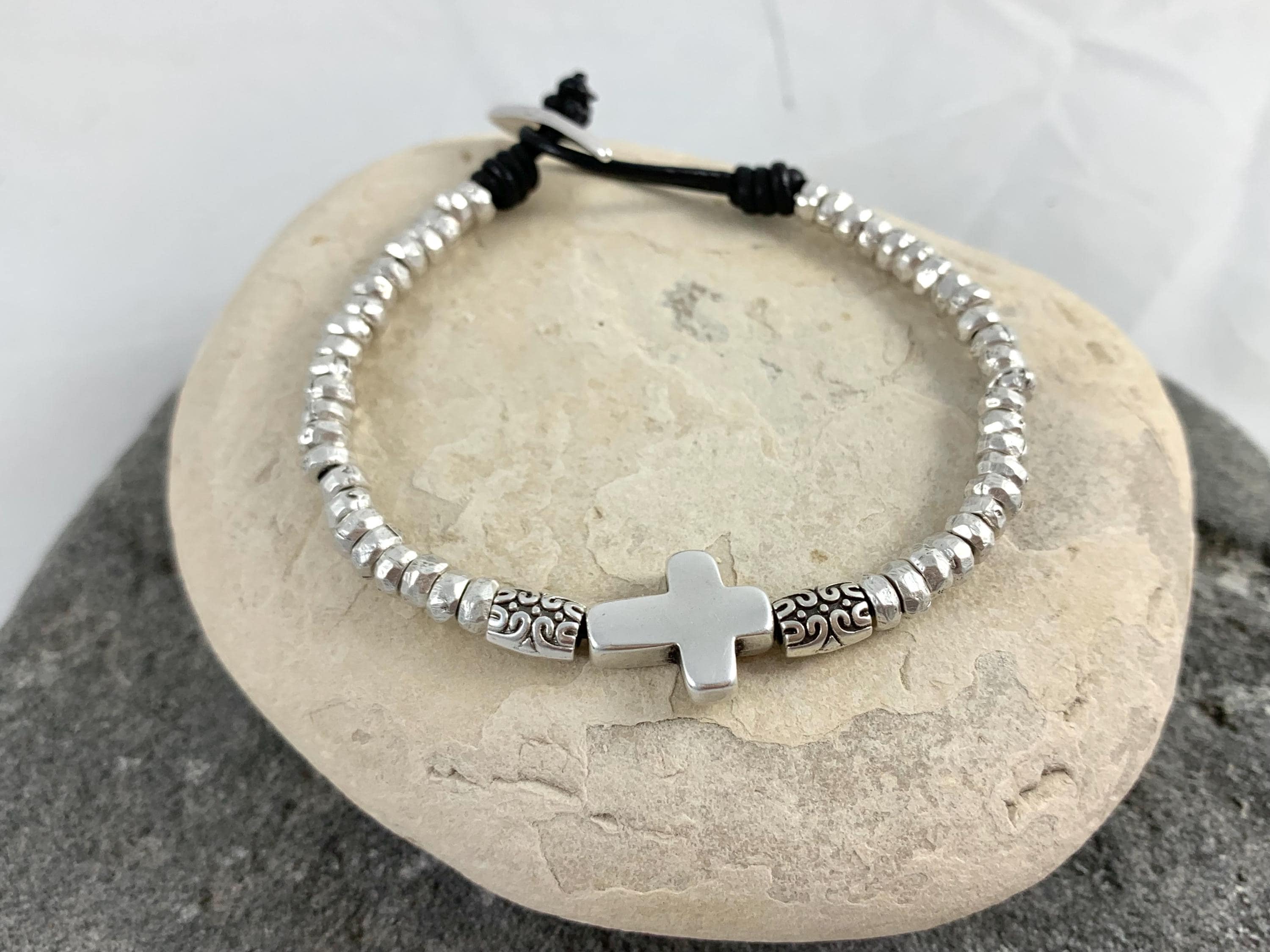 Unisex Leather Bracelet with Bold Silver-Plated Cross, Handmade Boho customized jewelry