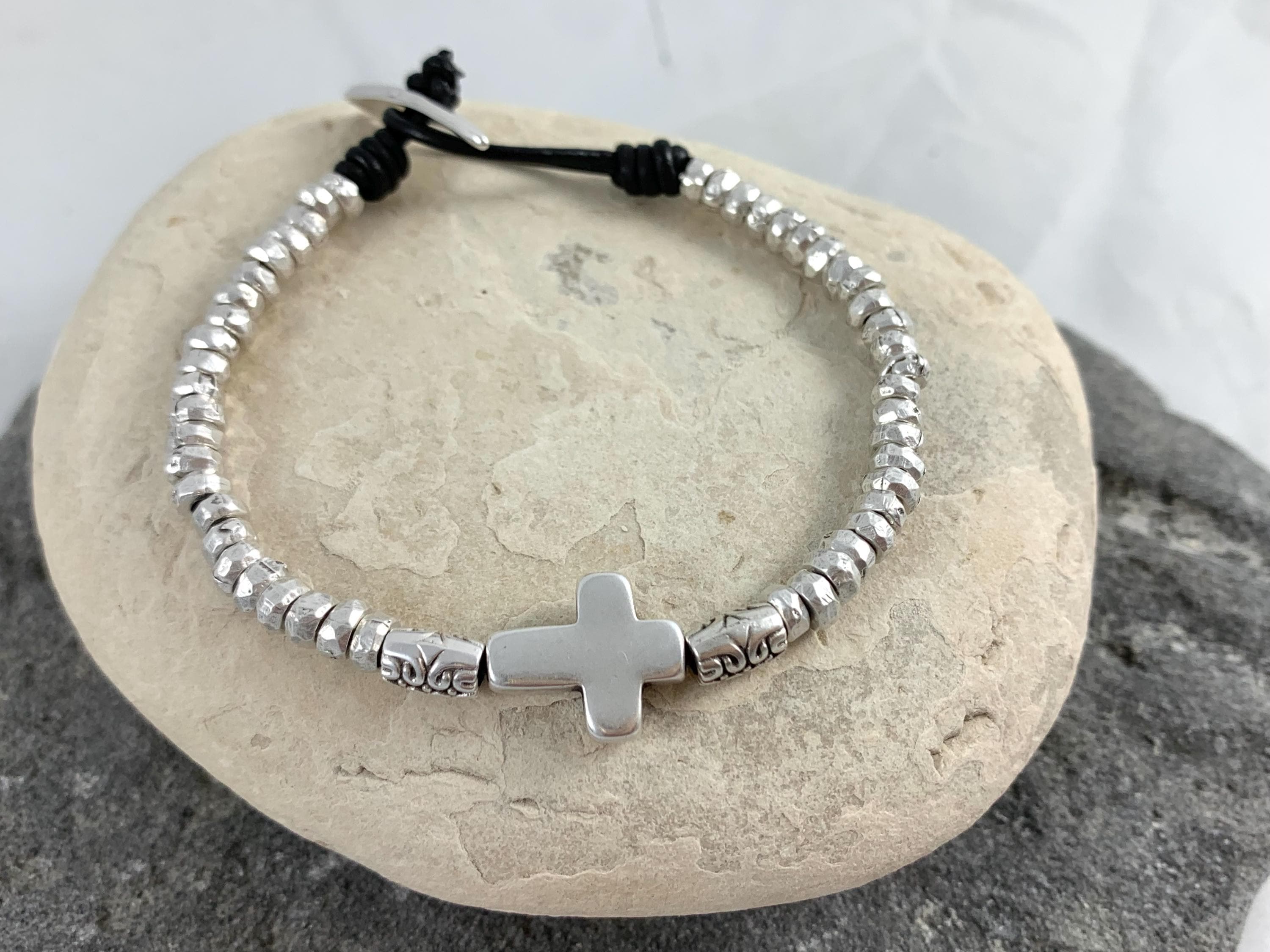 Unisex Leather Bracelet with Bold Silver-Plated Cross, Handmade Boho customized jewelry