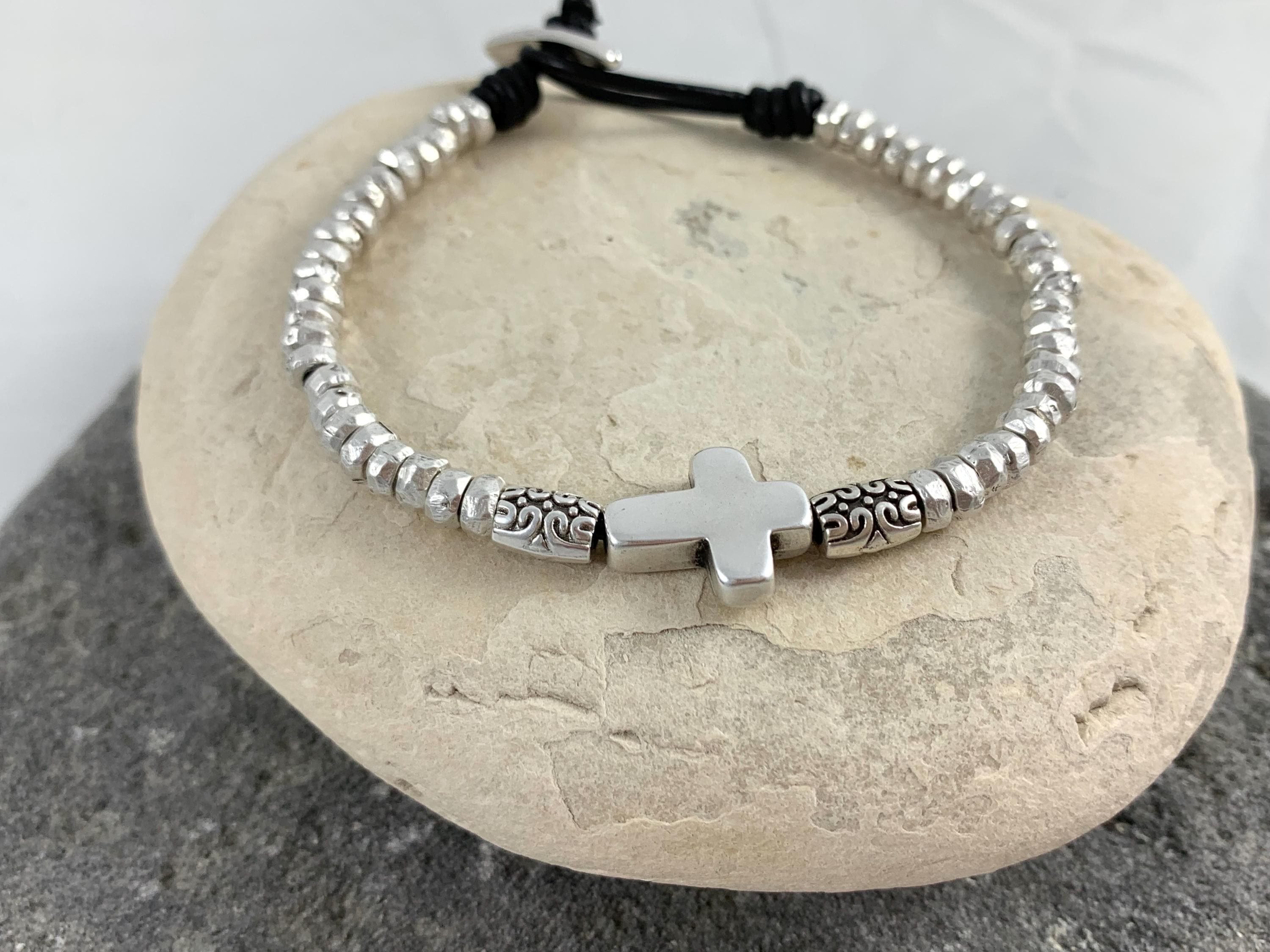 Unisex Leather Bracelet with Bold Silver-Plated Cross, Handmade Boho customized jewelry