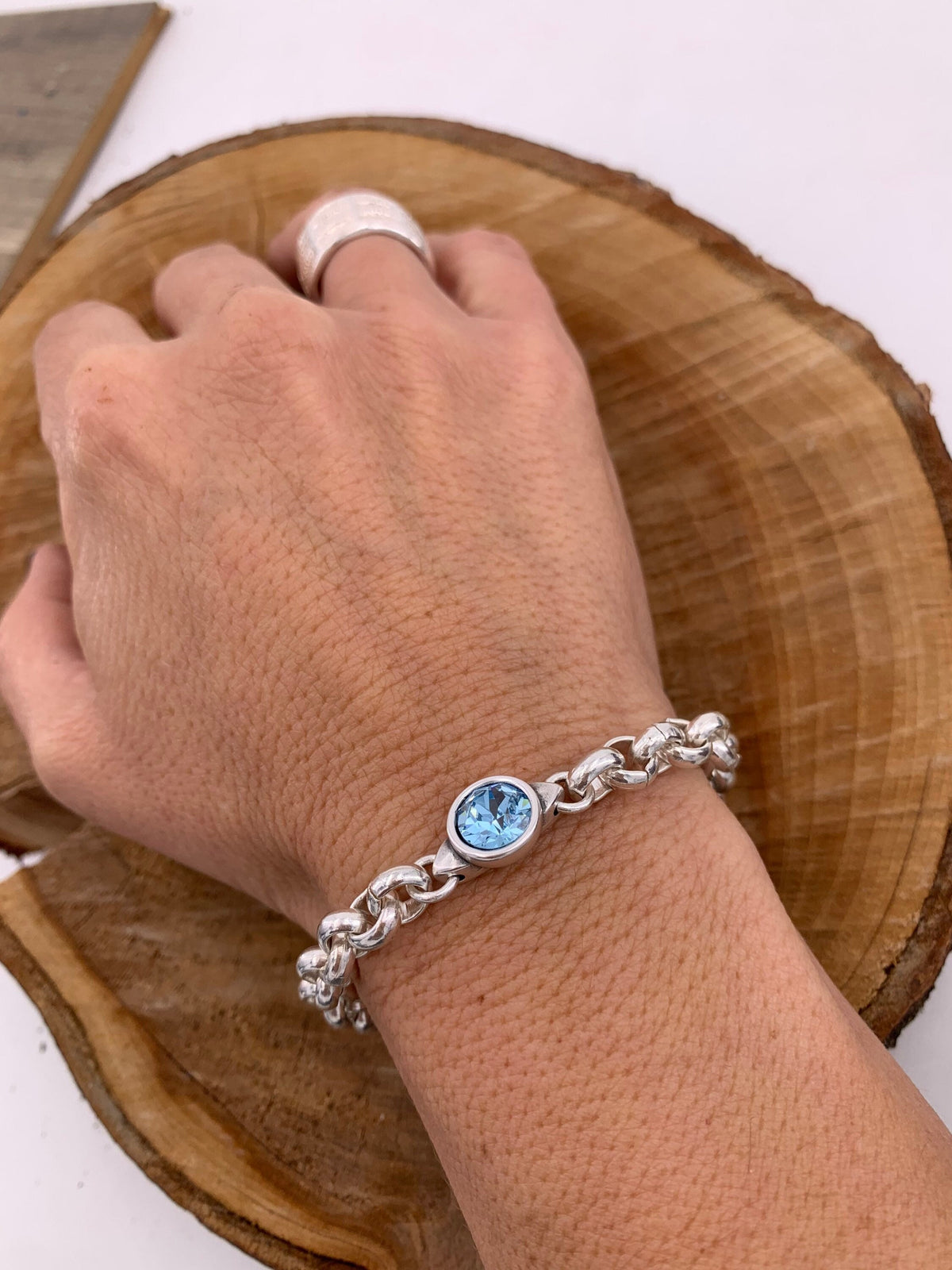 chunky silver chain bracelet with Swarovsky Crystal central piece, custom bold jewelry