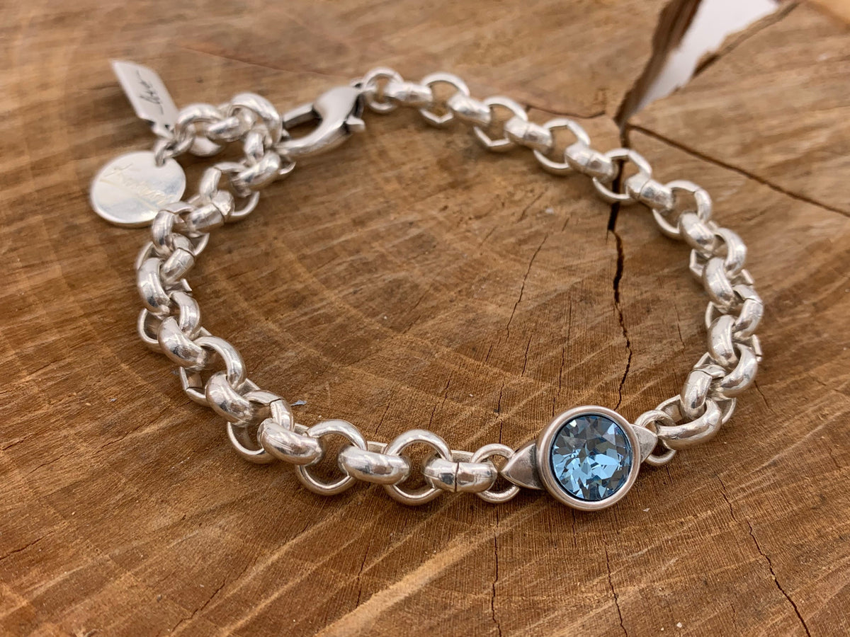 chunky silver chain bracelet with Swarovsky Crystal central piece, custom bold jewelry