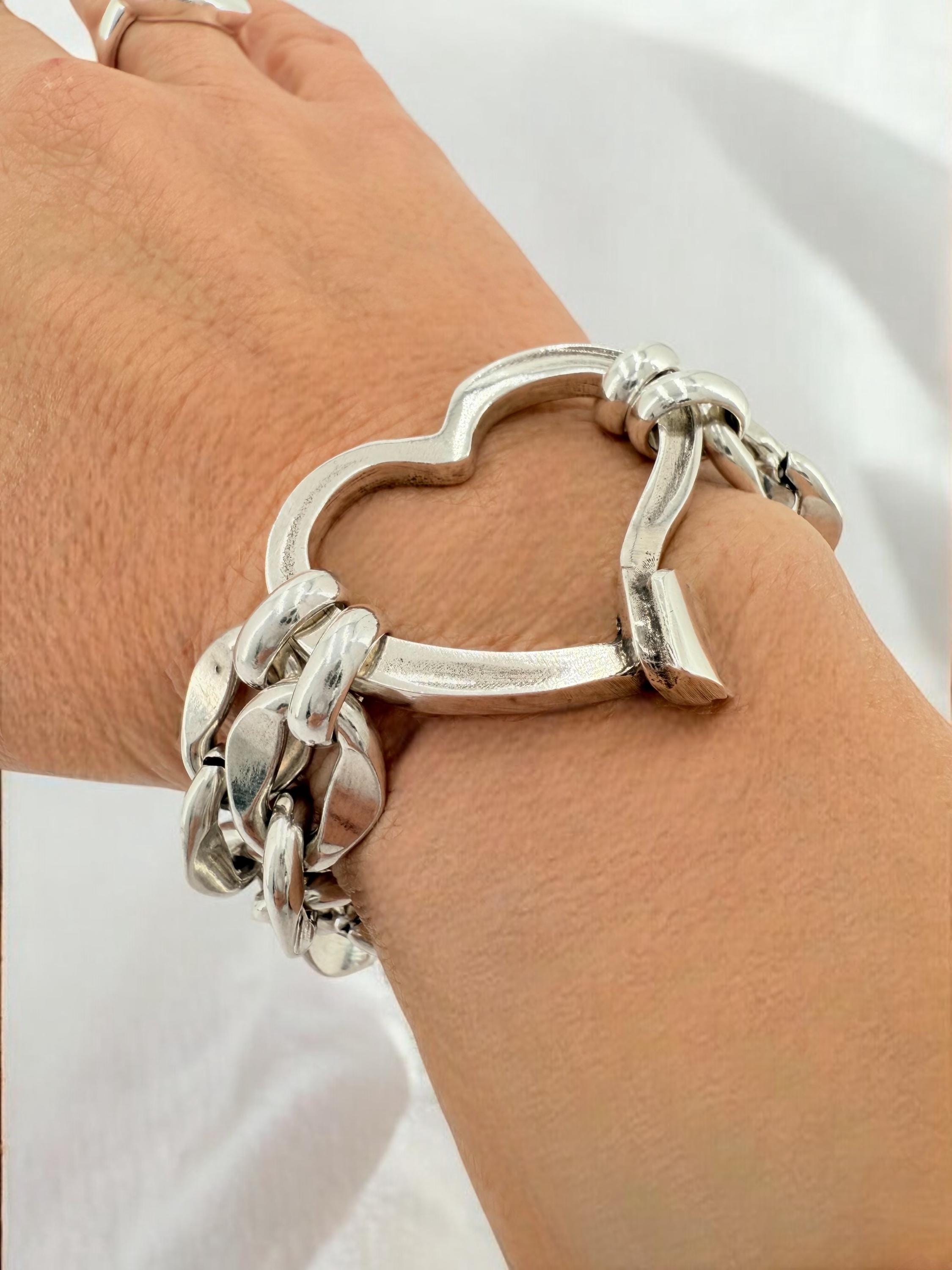 Double standard Chunky Silver chain heart-shaped bracelet, bold link bracelet, heavyweight chain bracelet, thick bracelet, ,