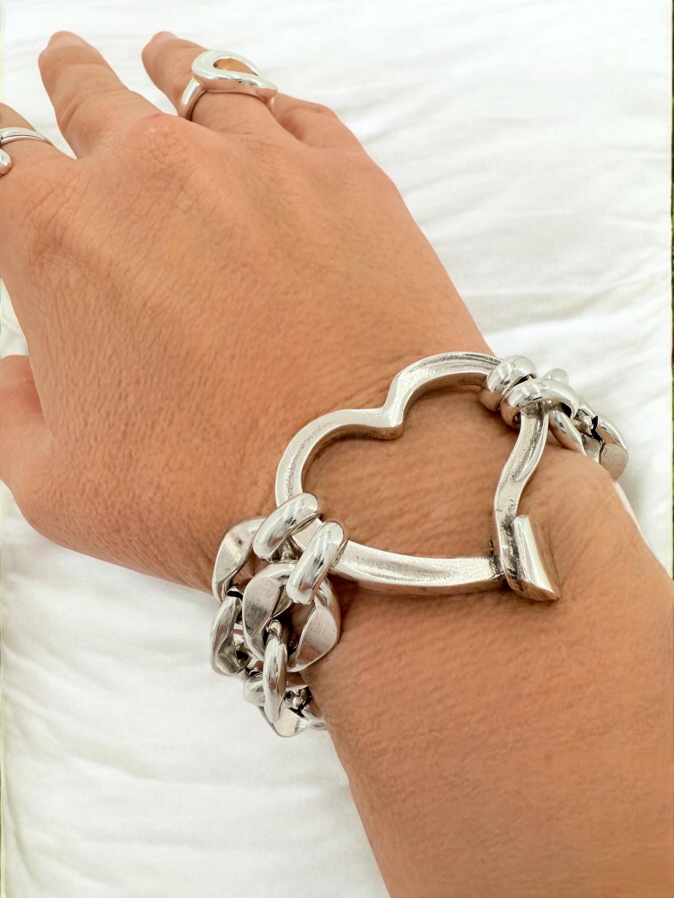 Double standard Chunky Silver chain heart-shaped bracelet, bold link bracelet, heavyweight chain bracelet, thick bracelet, ,