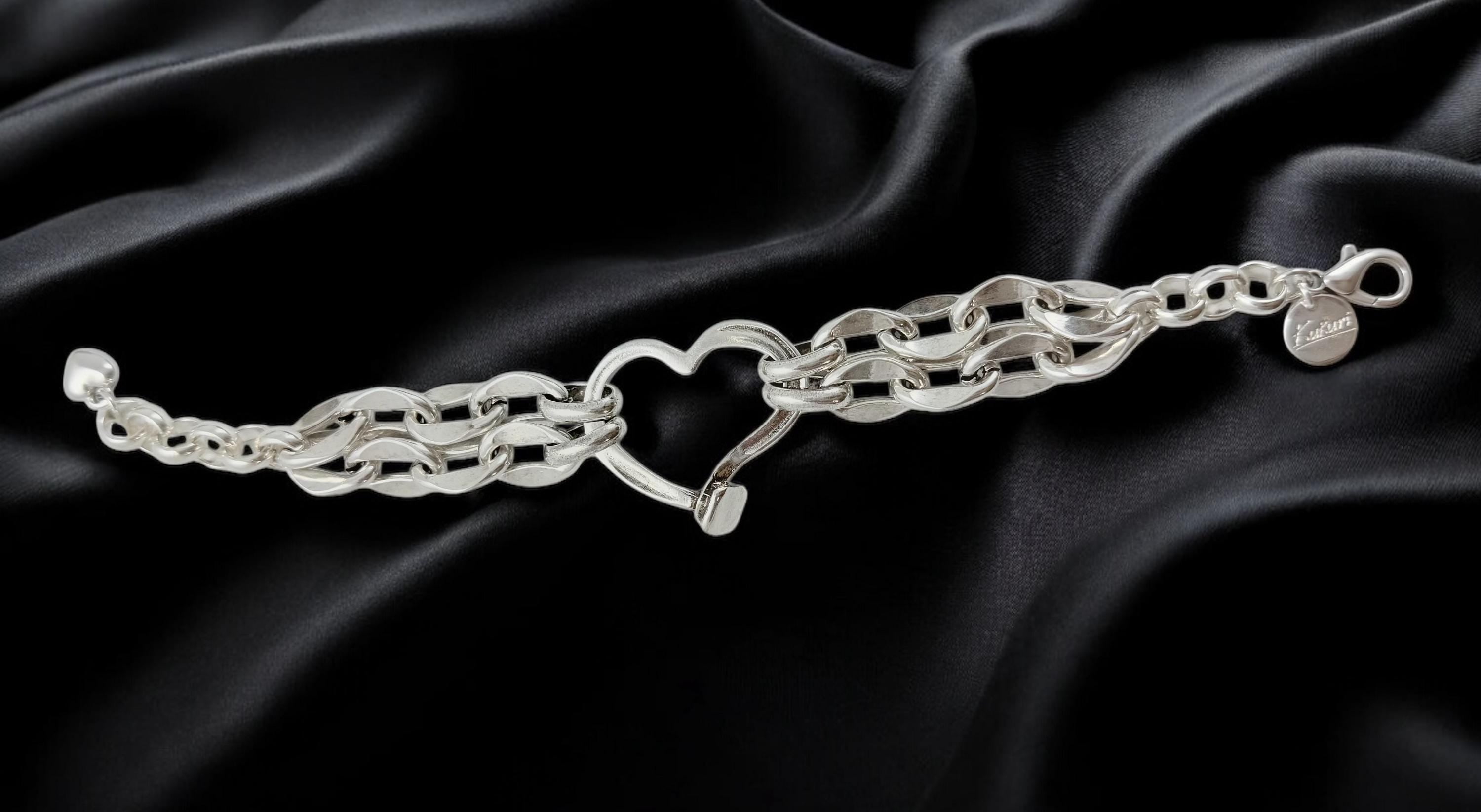 Double standard Chunky Silver chain heart-shaped bracelet, bold link bracelet, heavyweight chain bracelet, thick bracelet, ,