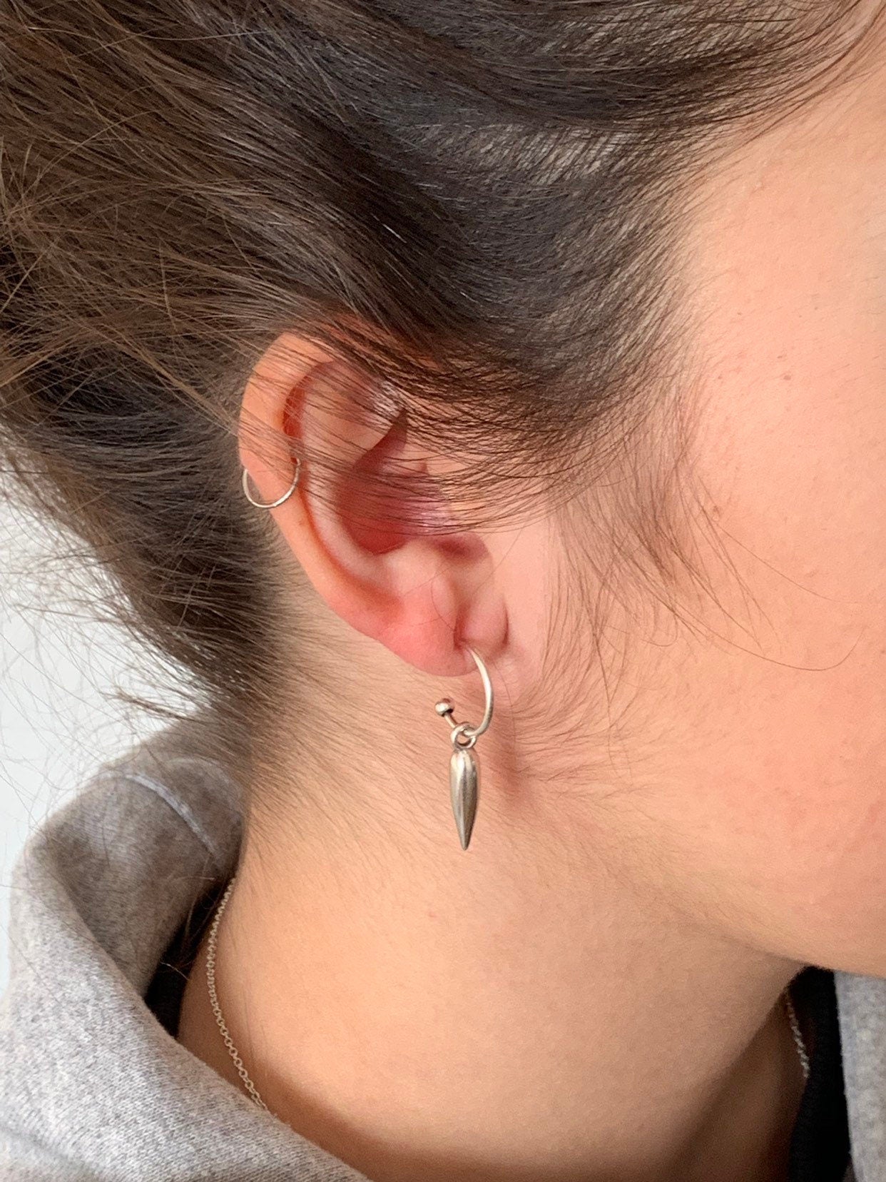 Silver Spike Hoop Earrings, Dainty Huggie Hoops with Pointed Charm, Minimalist Edgy Jewelry, Sterling Silver Plated.