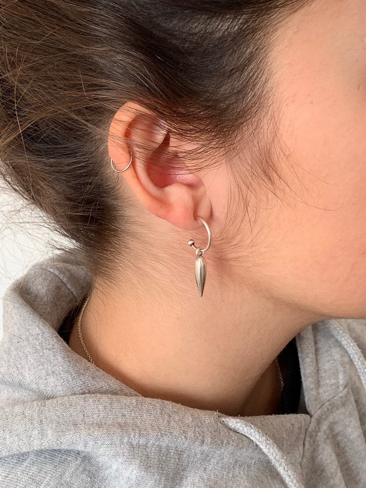 Silver Spike Hoop Earrings, Dainty Huggie Hoops with Pointed Charm, Minimalist Edgy Jewelry, Sterling Silver Plated.