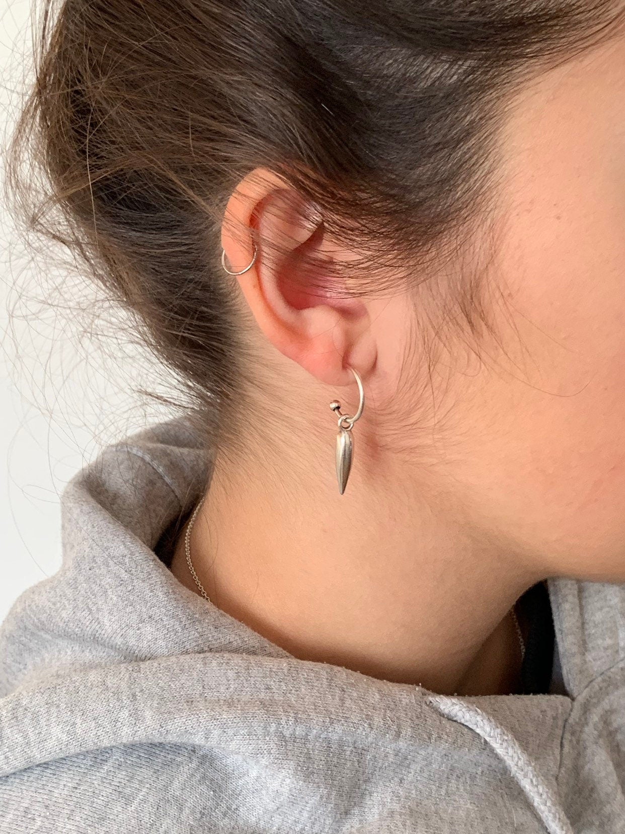 Silver Spike Hoop Earrings, Dainty Huggie Hoops with Pointed Charm, Minimalist Edgy Jewelry, Sterling Silver Plated.