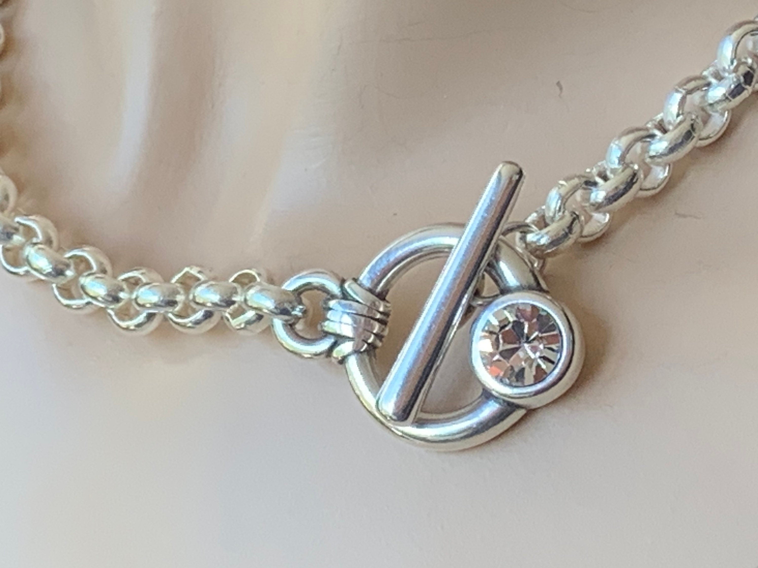 Chunky silver plated chain toggle clasp necklace with Swarovski crystal, bold custom jewelry