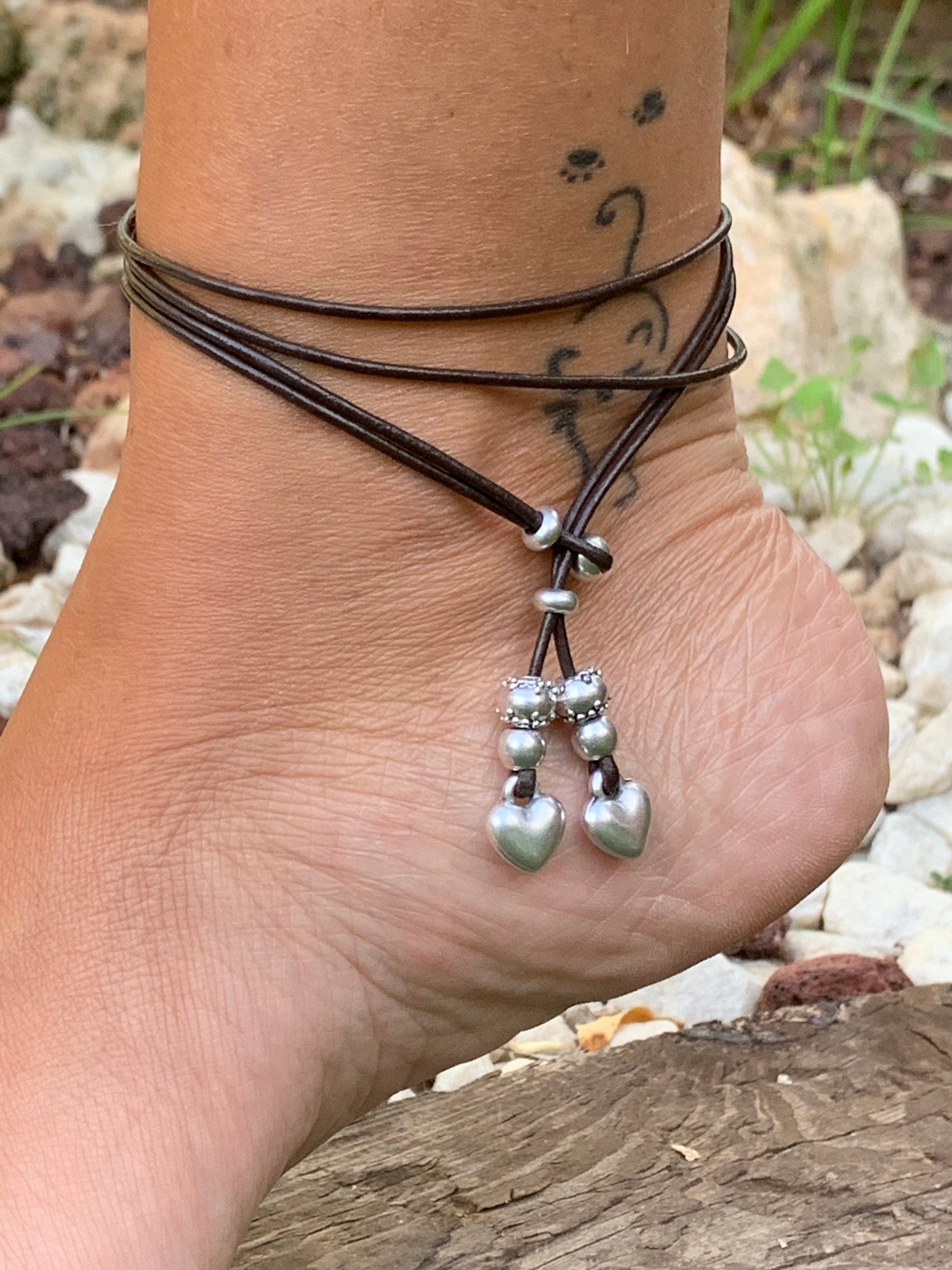 Boho leather anklet bracelet, silver and leather anklet, tribal anklet, Ethnic leather anklet, beach anklet, surfer anklet,