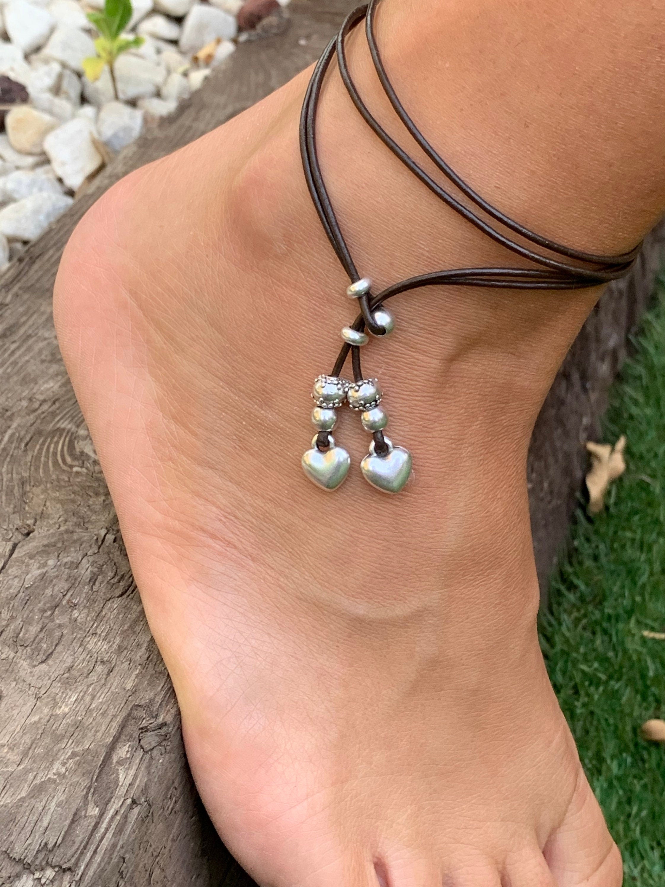 Boho leather anklet bracelet, silver and leather anklet, tribal anklet, Ethnic leather anklet, beach anklet, surfer anklet,