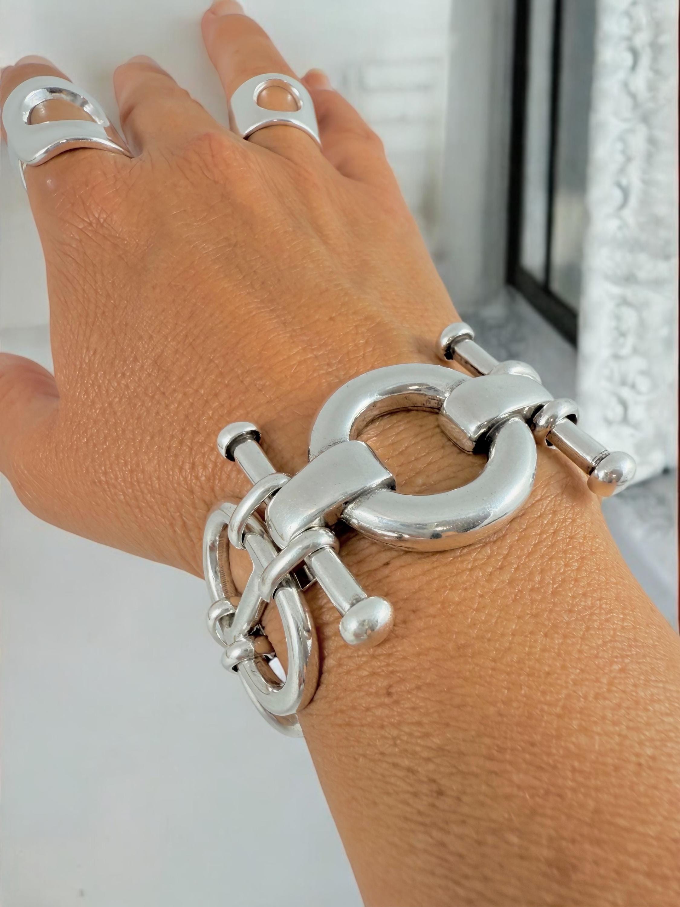 Chunky Silver Bracelet with Mariner (Curb) Links and Geometric central Piece – Bold Sculptural Statement cuff