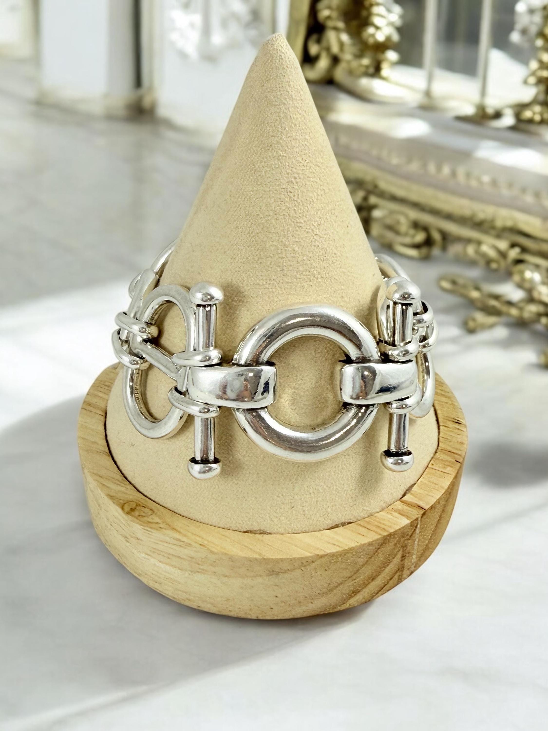 Chunky Silver Bracelet with Mariner (Curb) Links and Geometric central Piece – Bold Sculptural Statement cuff