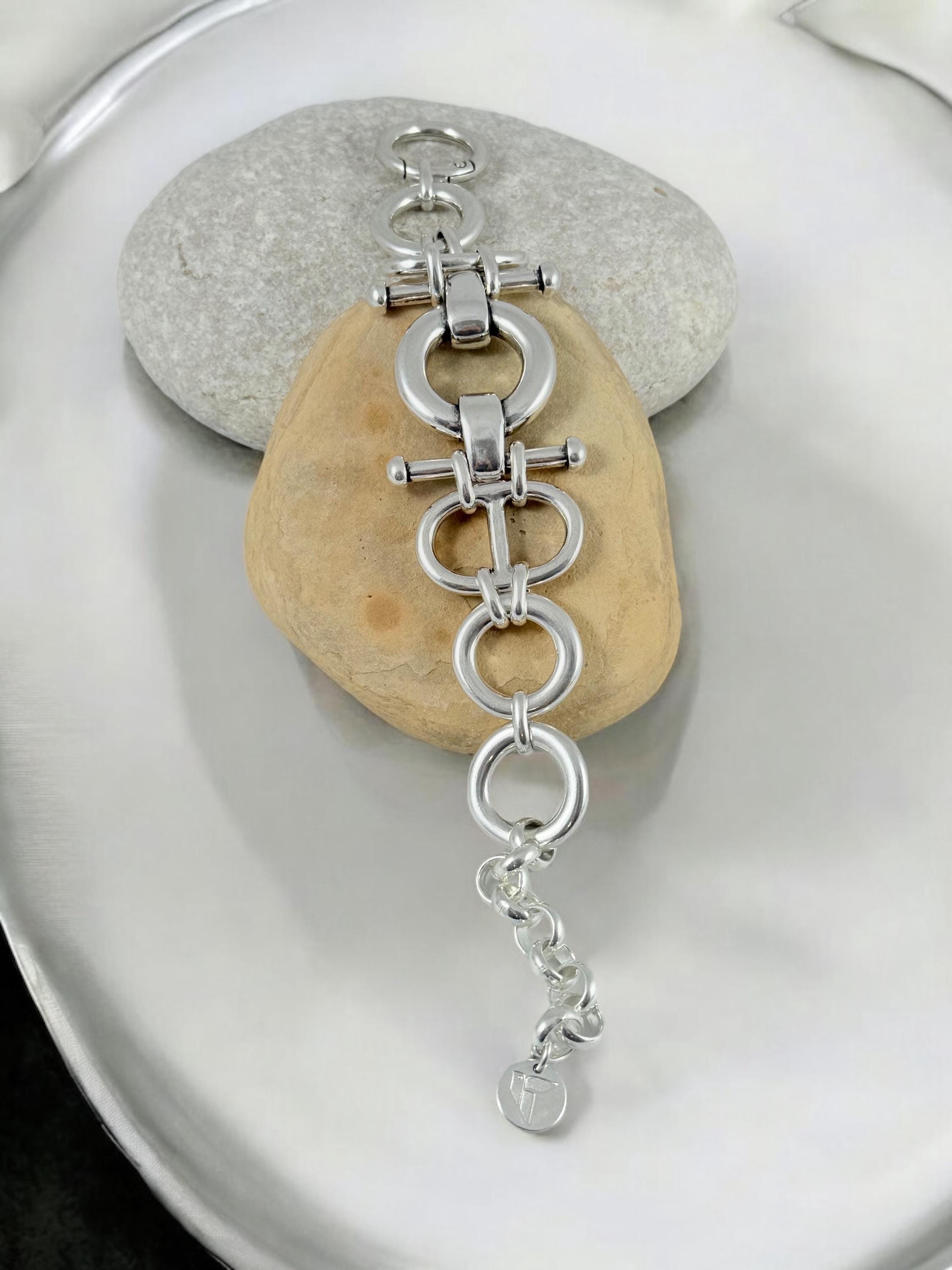 Chunky Silver Bracelet with Mariner (Curb) Links and Geometric central Piece – Bold Sculptural Statement cuff