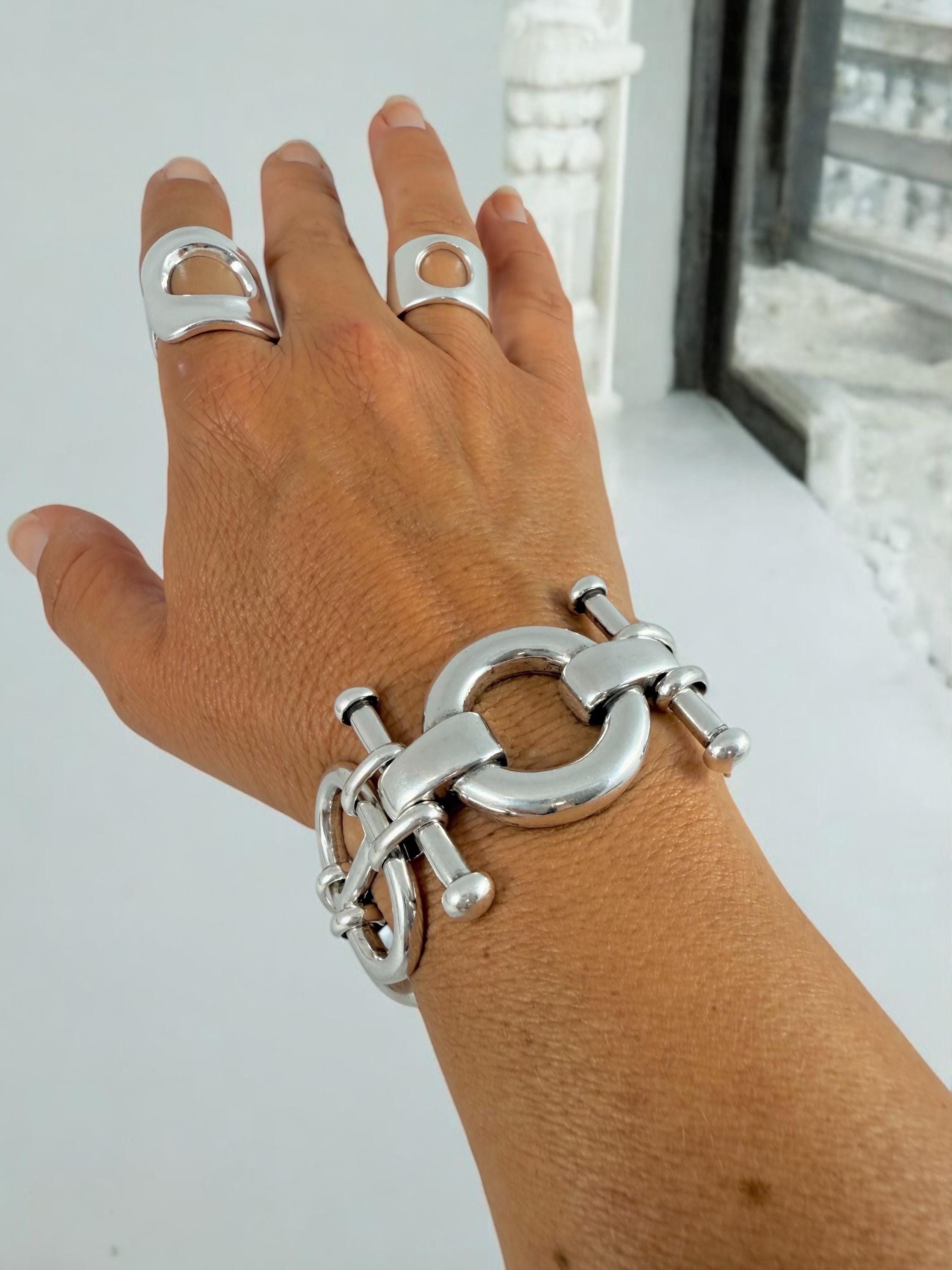 Chunky Silver Bracelet with Mariner (Curb) Links and Geometric central Piece – Bold Sculptural Statement cuff