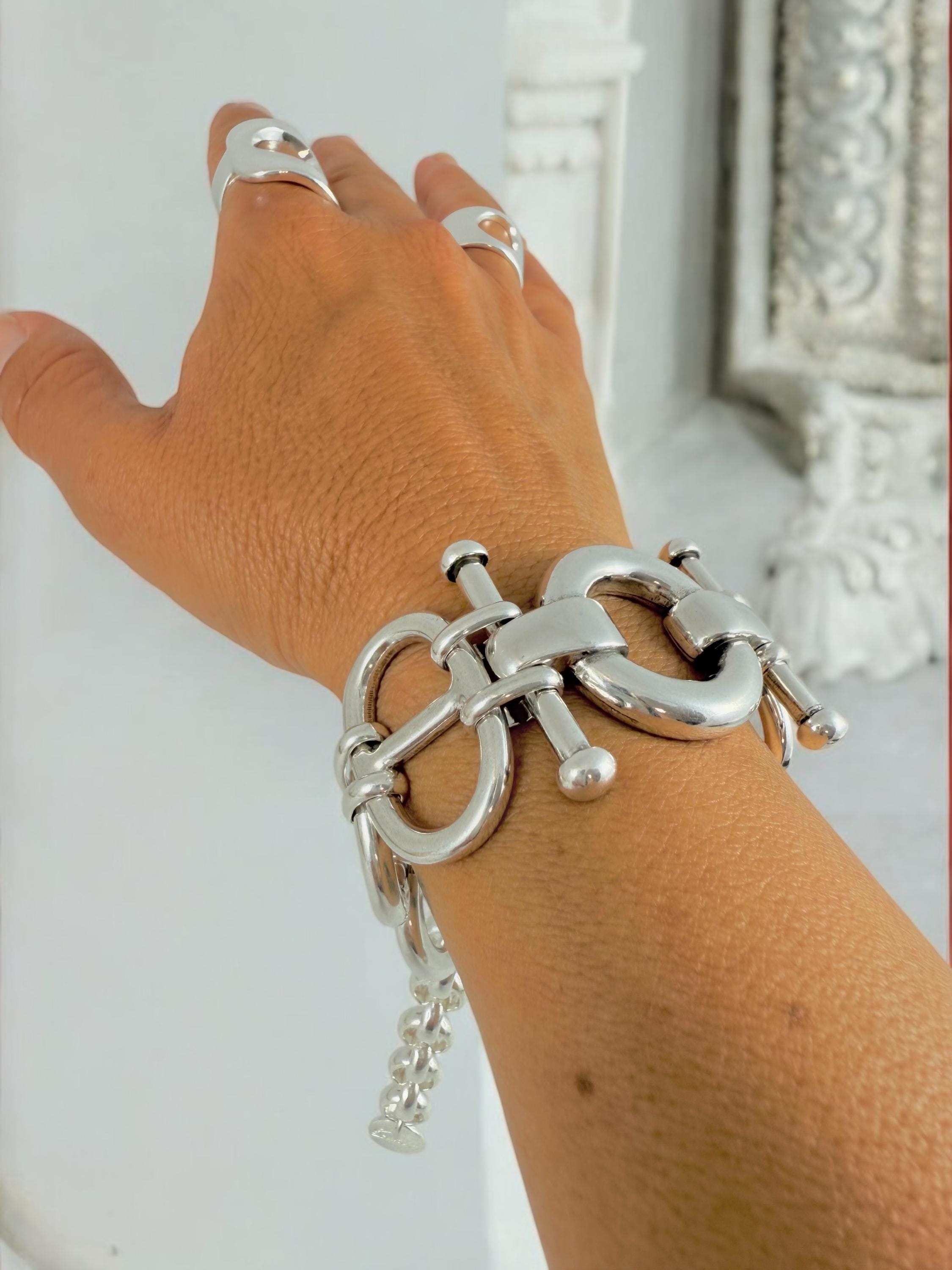 Chunky Silver Bracelet with Mariner (Curb) Links and Geometric central Piece – Bold Sculptural Statement cuff