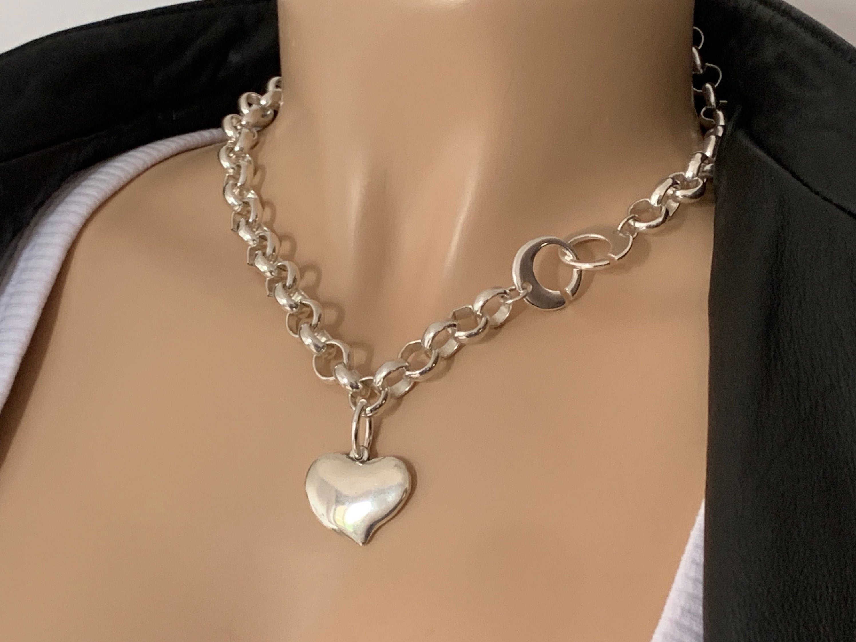 Chunky Silver plated Rolo Chain Necklace with Heart Pendant, customized Choker, Handmade Jewelry