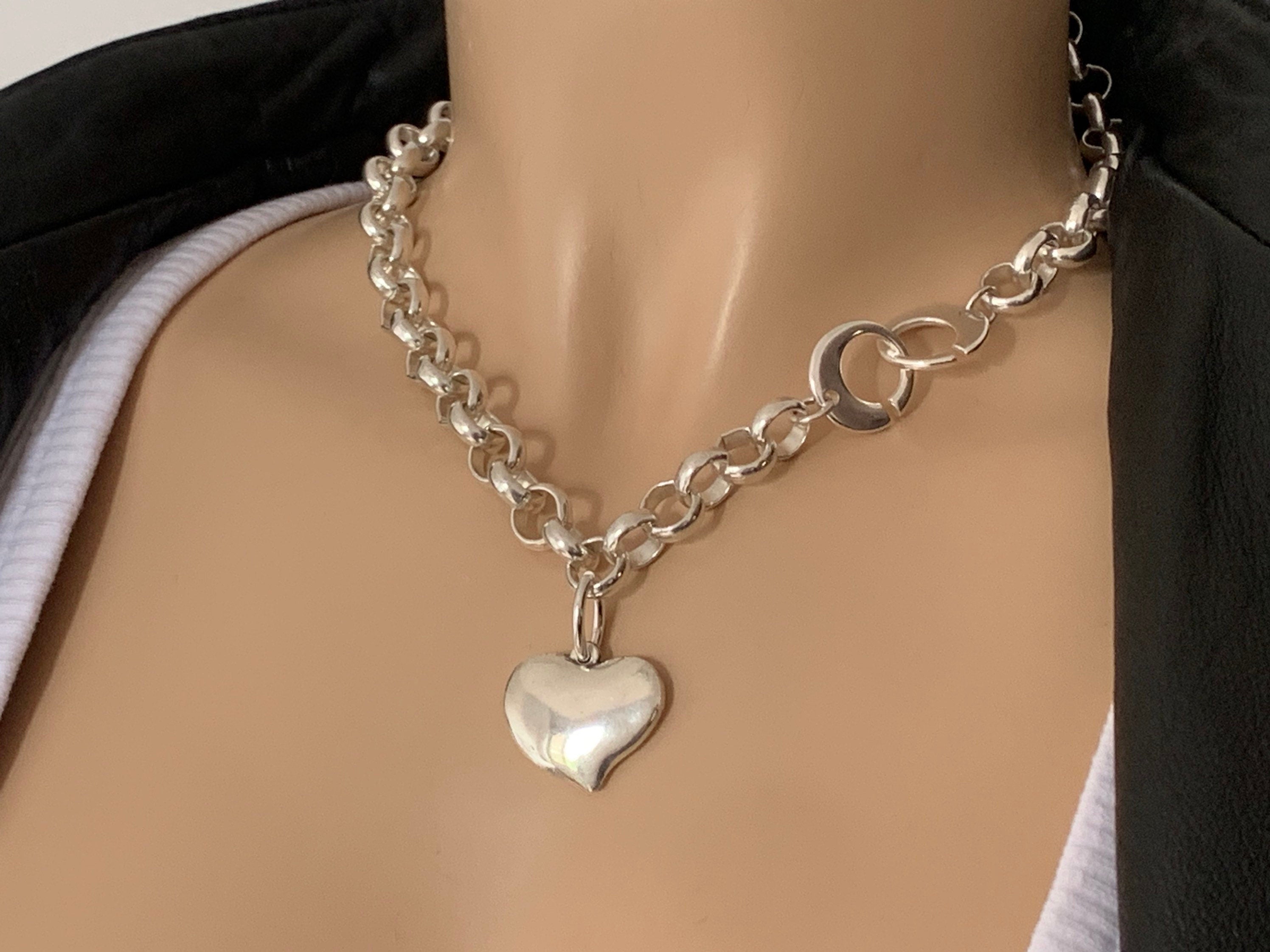 Chunky Silver plated Rolo Chain Necklace with Heart Pendant, customized Choker, Handmade Jewelry