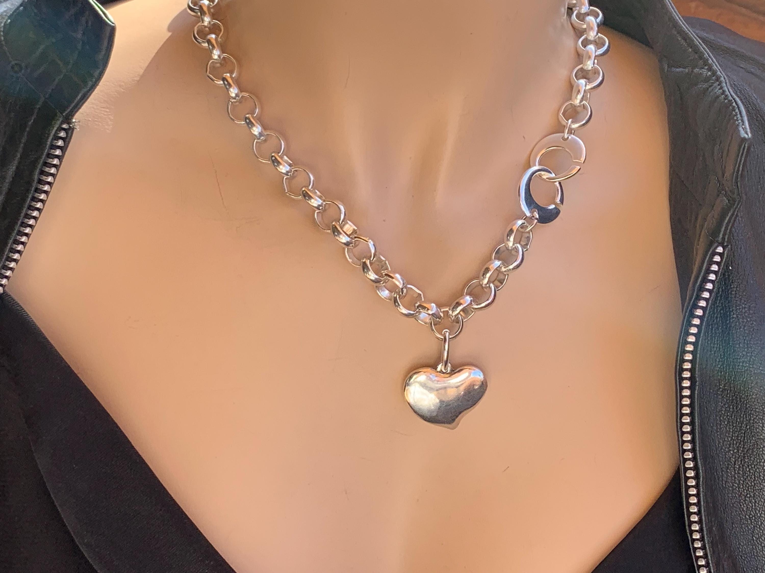 Chunky Silver plated Rolo Chain Necklace with Heart Pendant, customized Choker, Handmade Jewelry