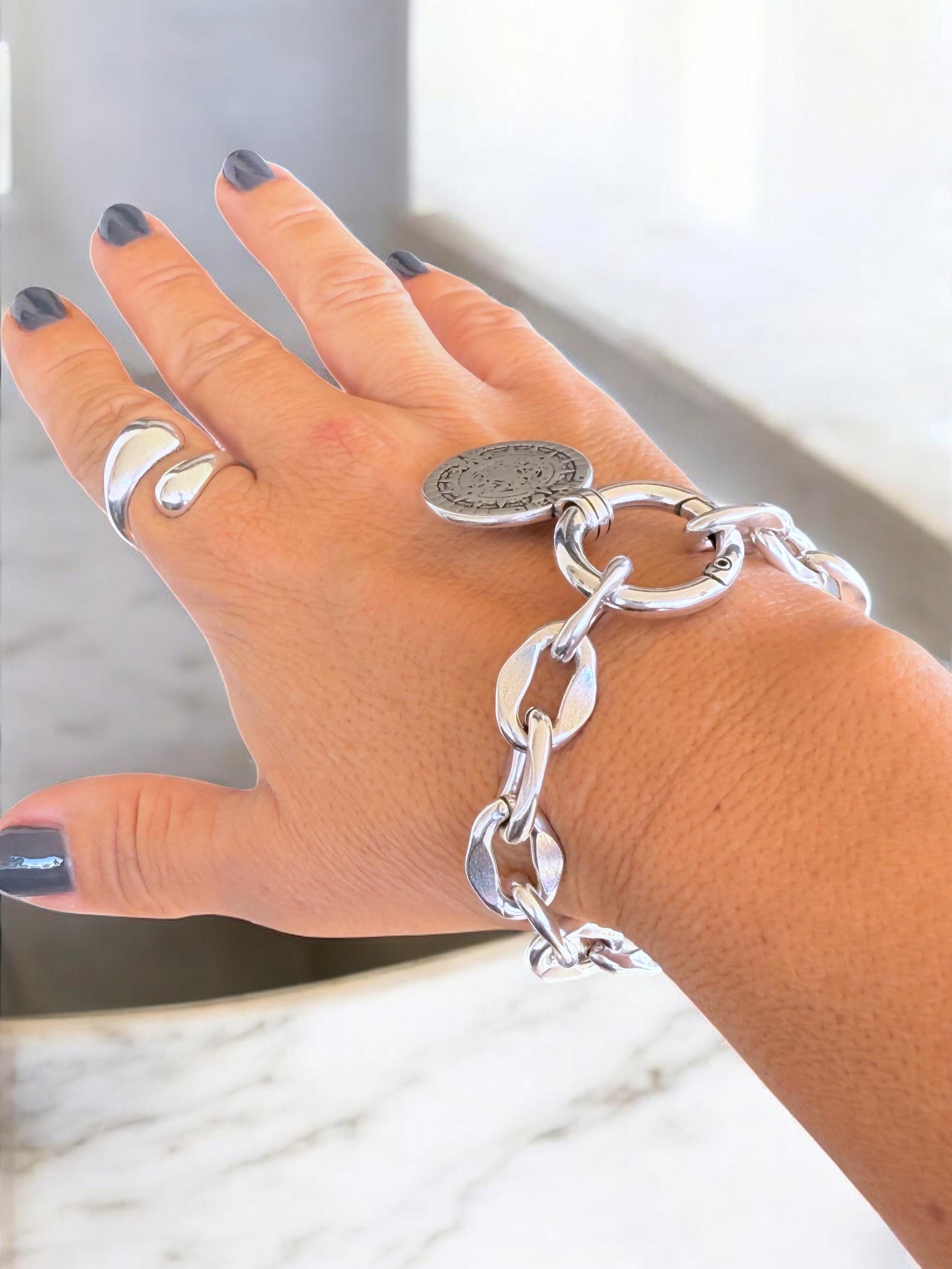 Silver chunky chain Lariat necklace with antique symbol coin pendant, Statement handmade jewelry