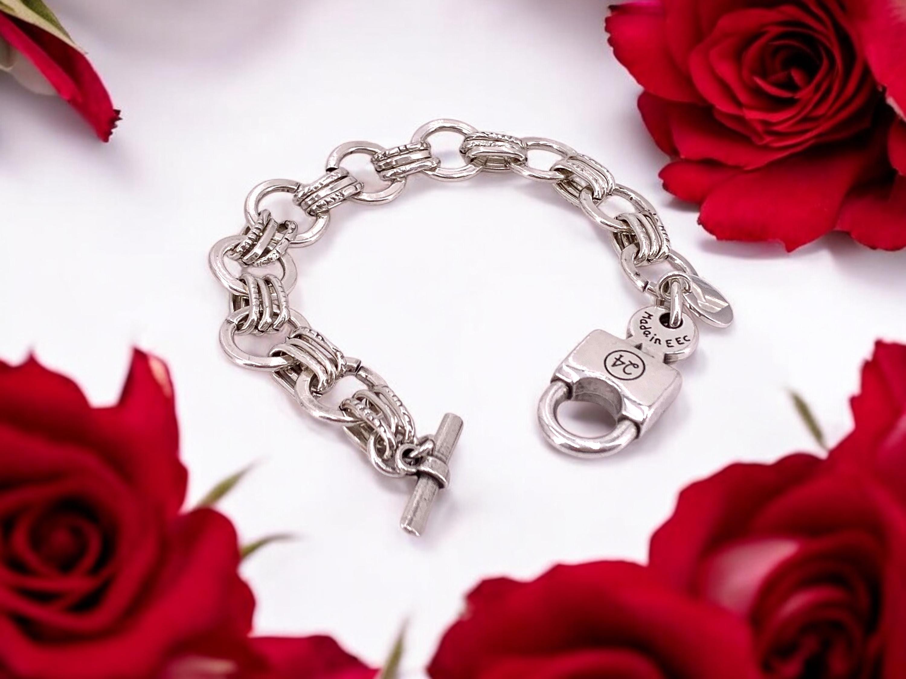 Chunky Silver Chain Bracelet – Circular Bold Link – Padlock Toggle Clasp – Industrial Statement