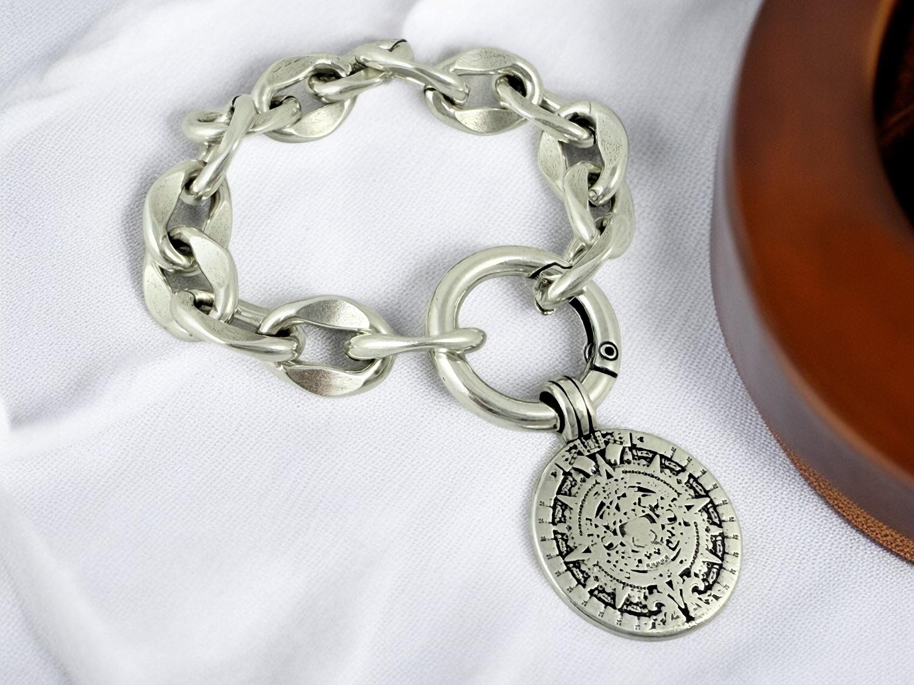 Silver chunky chain Lariat necklace with antique symbol coin pendant, Statement handmade jewelry