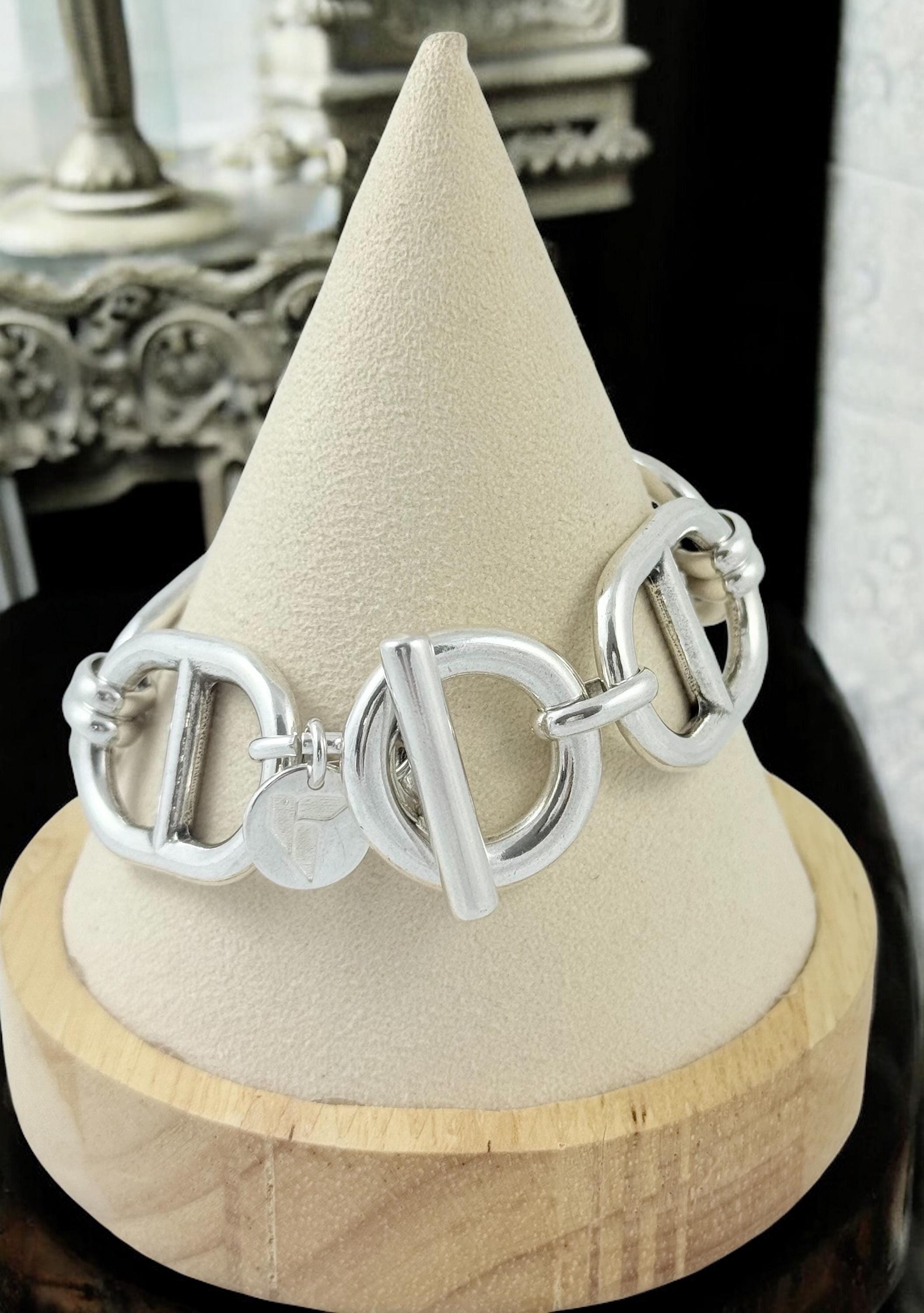 Artisian Chunky Silver plated mariner links Chain Bracelet, toggle Clasp, custom Jewelry