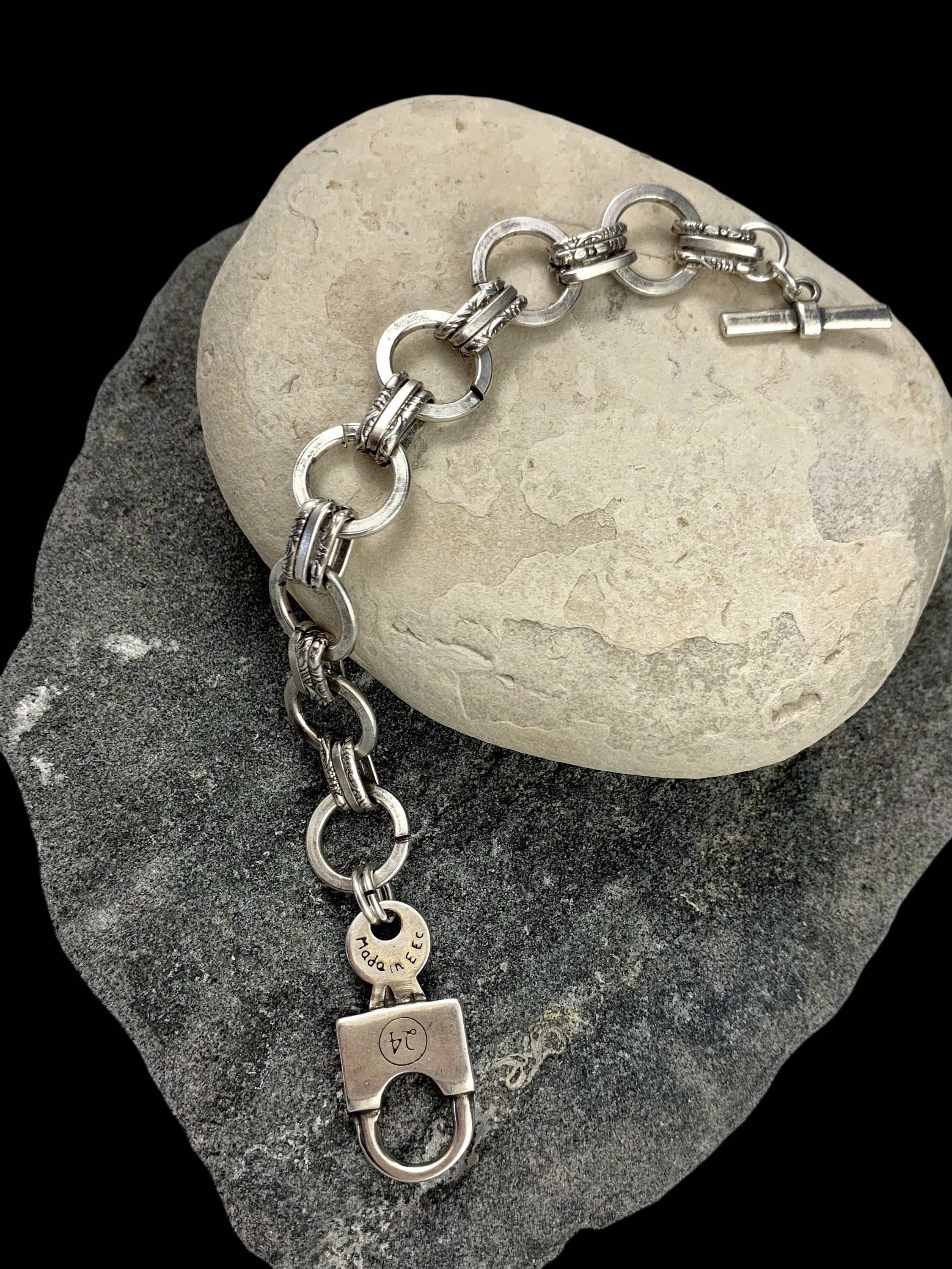 Chunky Silver Chain Bracelet – Circular Bold Link – Padlock Toggle Clasp – Industrial Statement