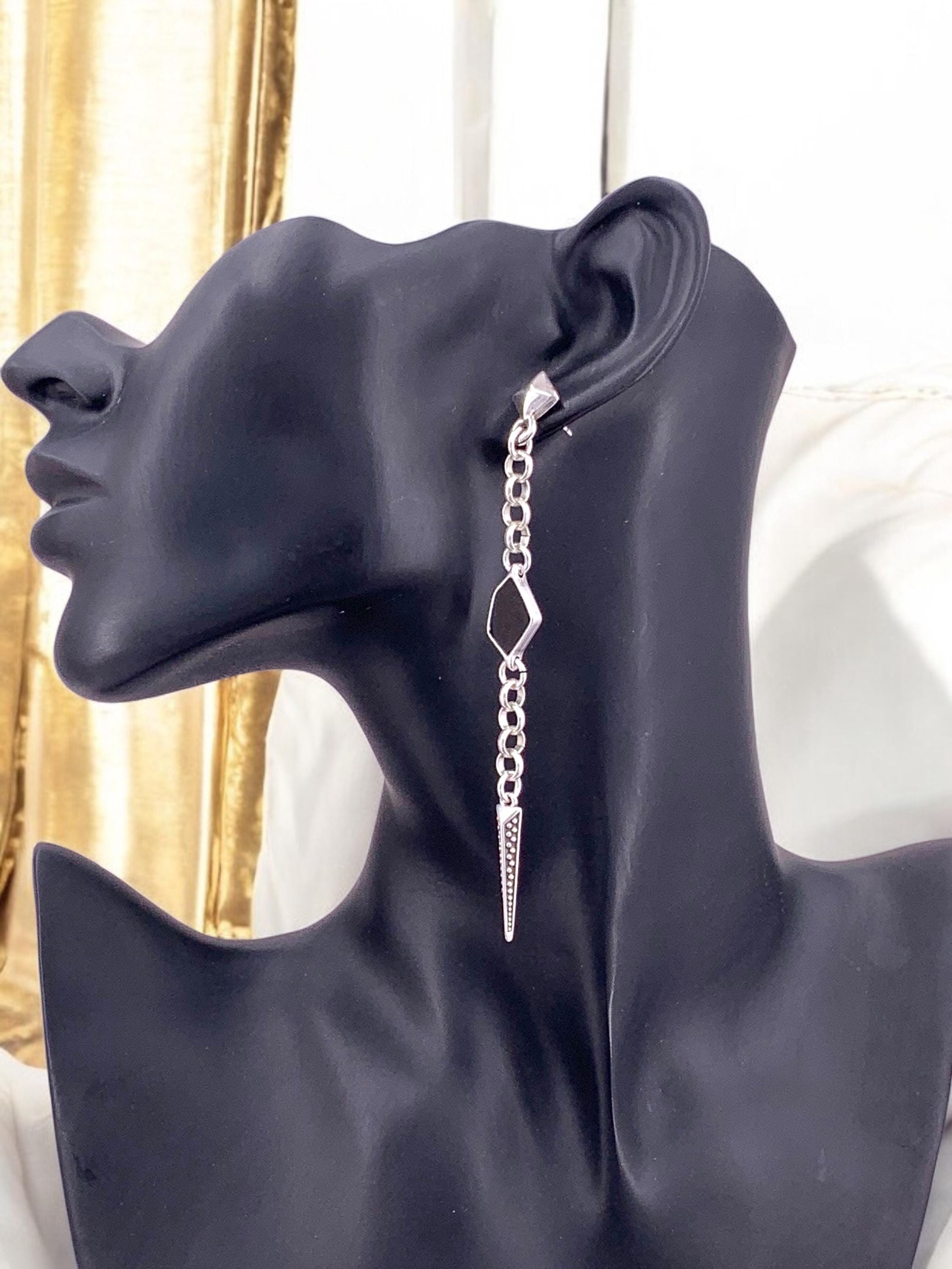 Very long chain earrings with spike pendant, dangling earrings, silver chain earrings, punk earrings, , unique design earring