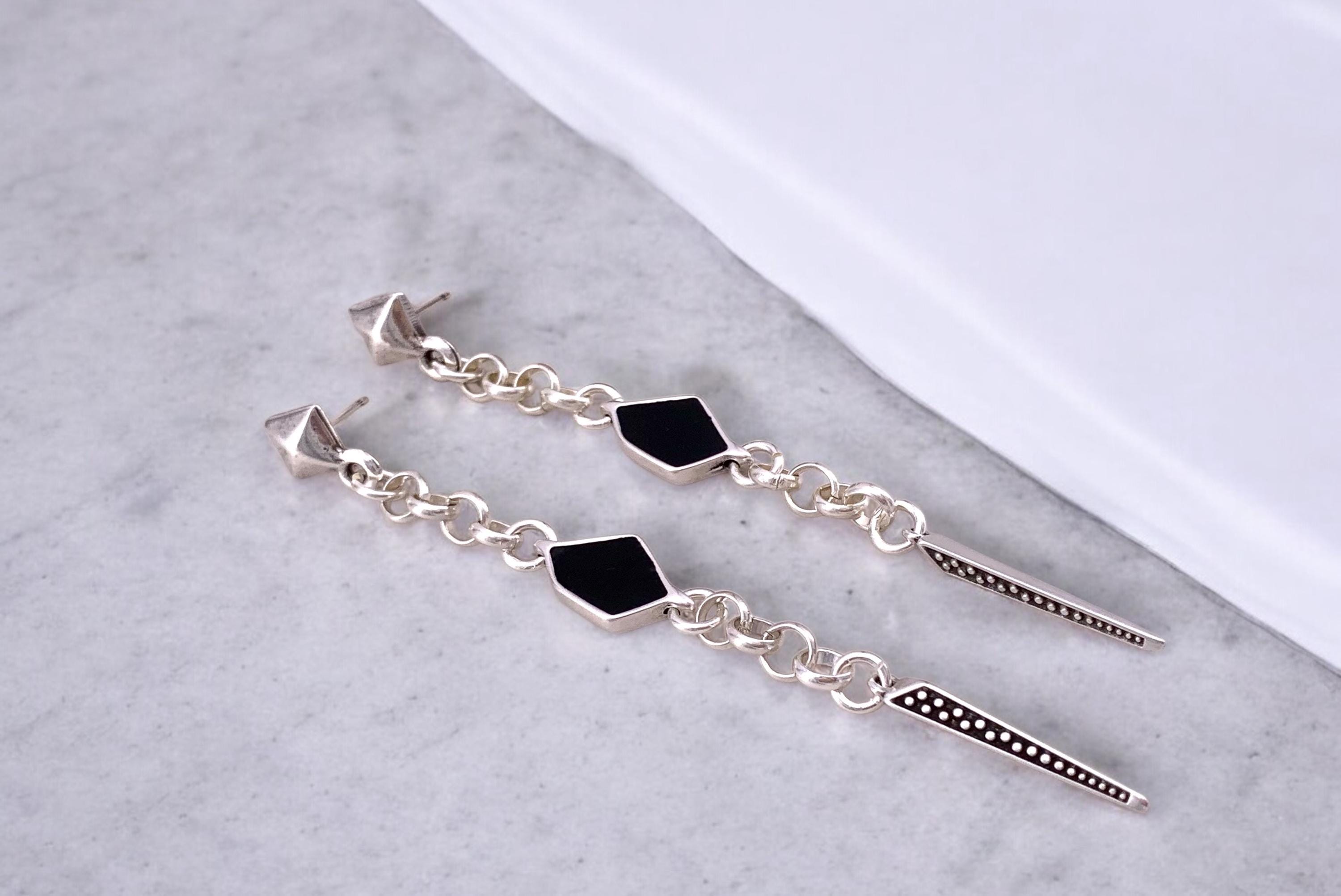 Very long chain earrings with spike pendant, dangling earrings, silver chain earrings, punk earrings, , unique design earring