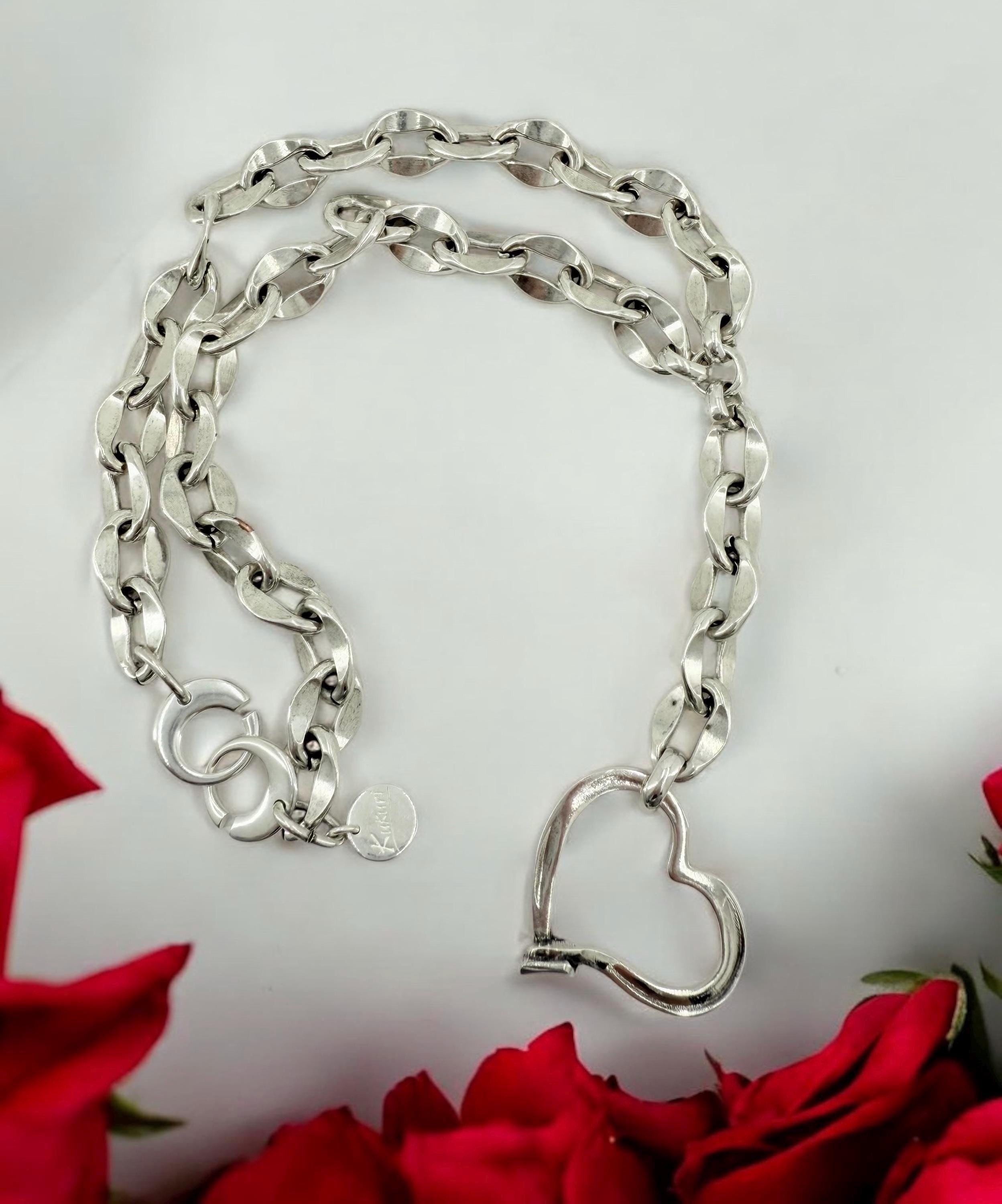 Chunky chain silver lariat big heart pendant necklace, custom jewelry