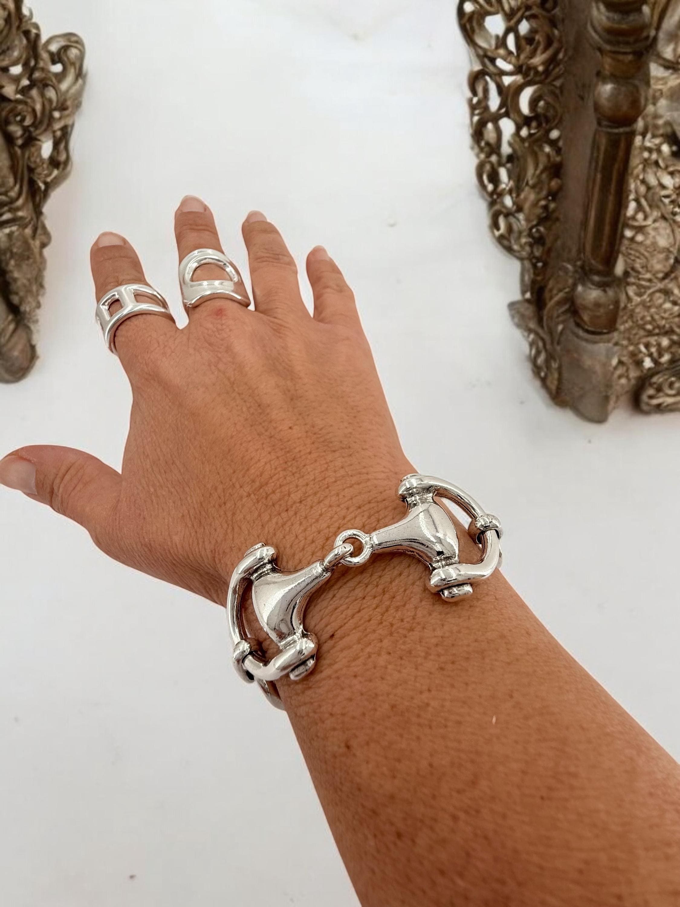 Chunky silver chain bracelet with central equestrian motif, bold customized jewelry