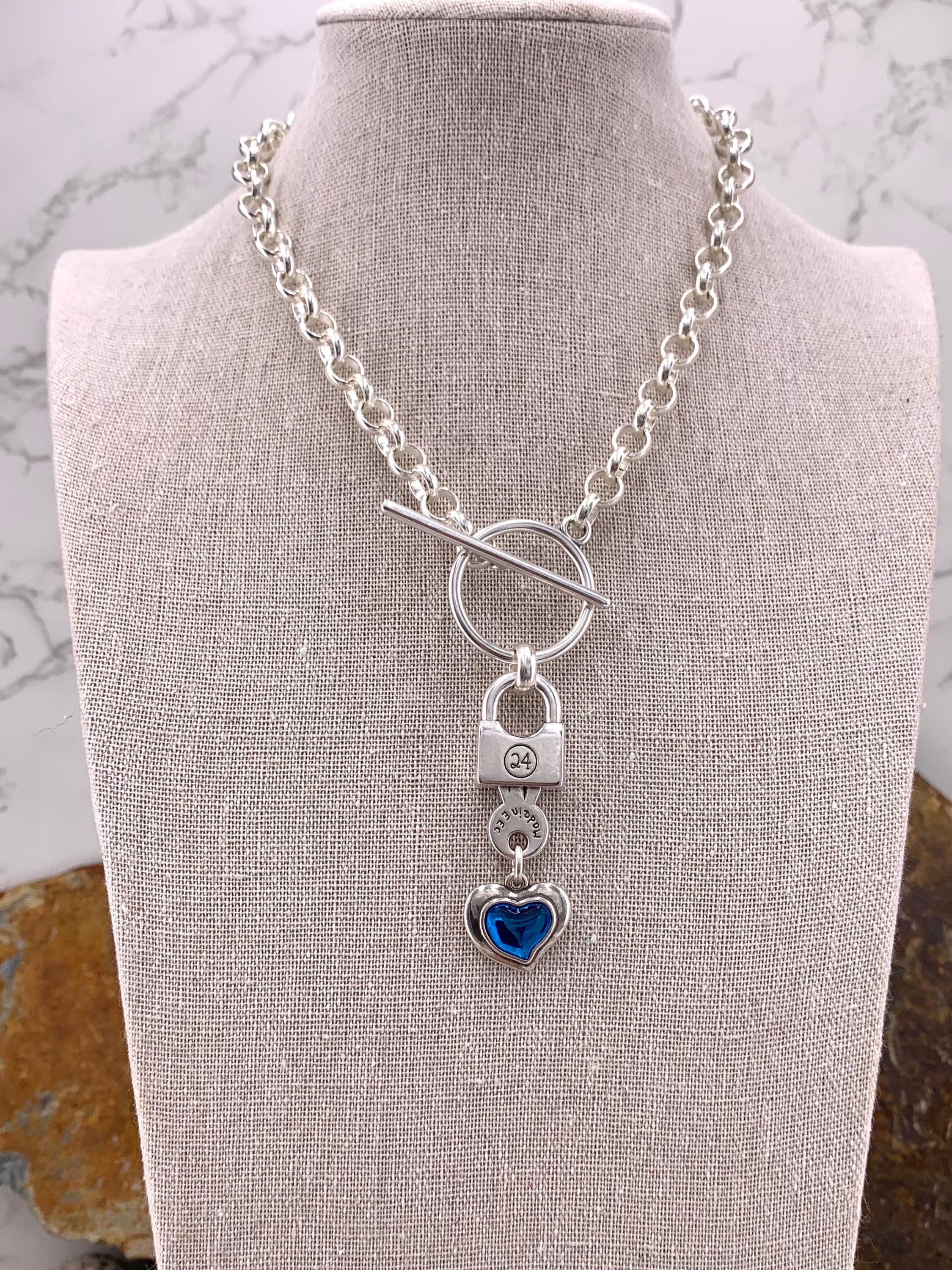 Chunky Silver Chain Necklace with Blue Heart & Padlock Pendant Bold Toggle Clasp Statement Jewelry
