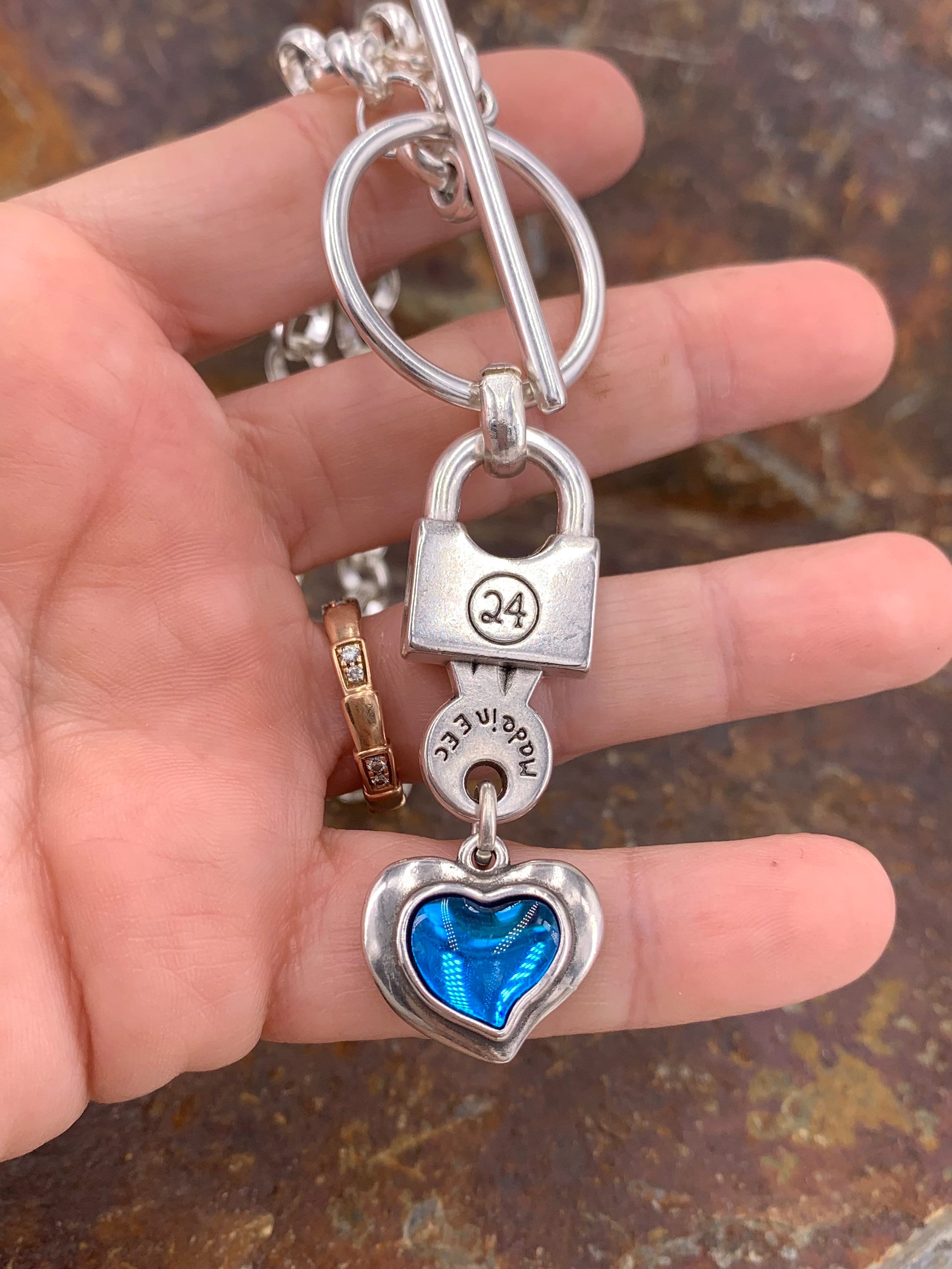Chunky Silver Chain Necklace with Blue Heart & Padlock Pendant Bold Toggle Clasp Statement Jewelry