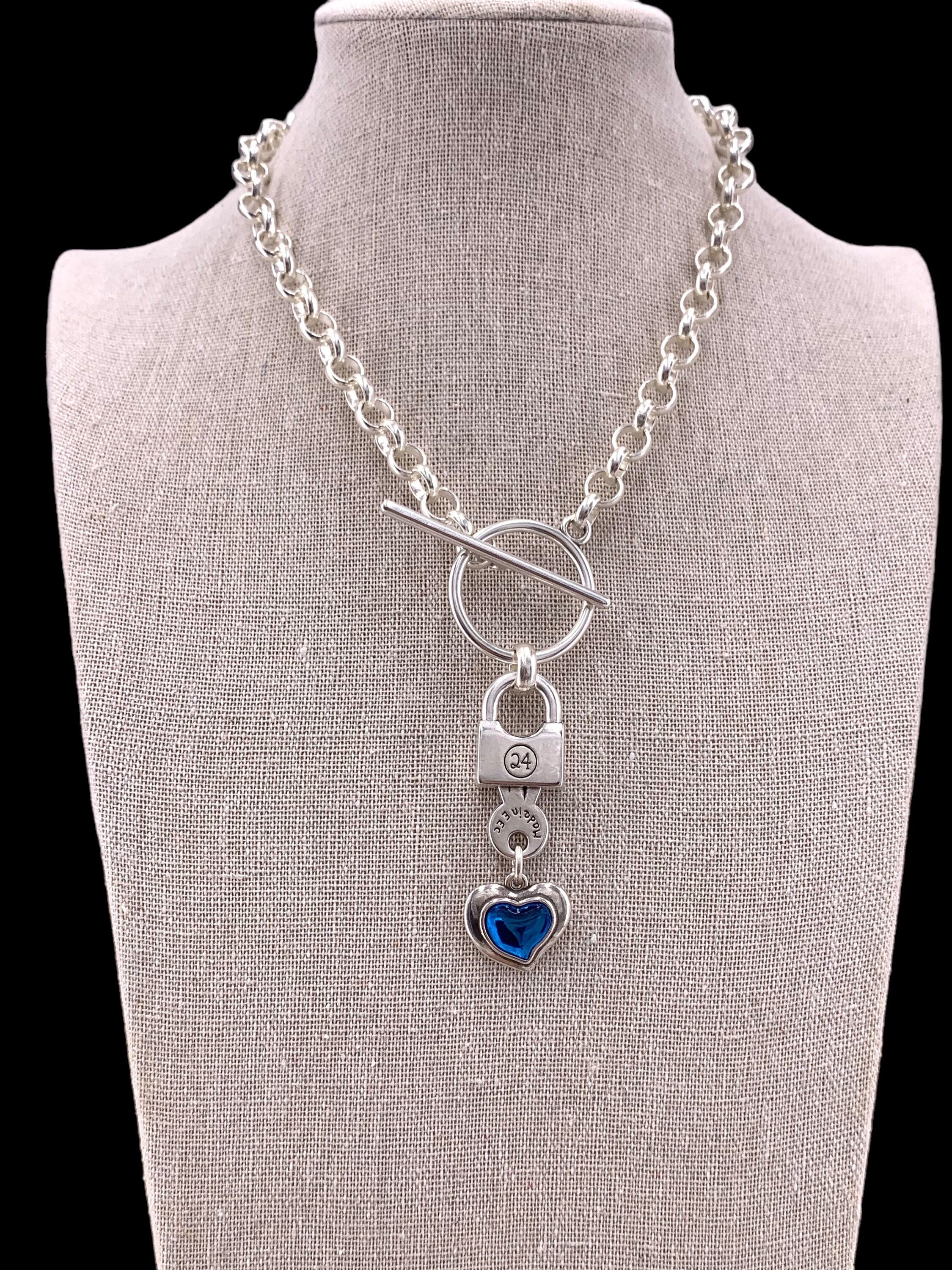 Chunky Silver Chain Necklace with Blue Heart & Padlock Pendant Bold Toggle Clasp Statement Jewelry
