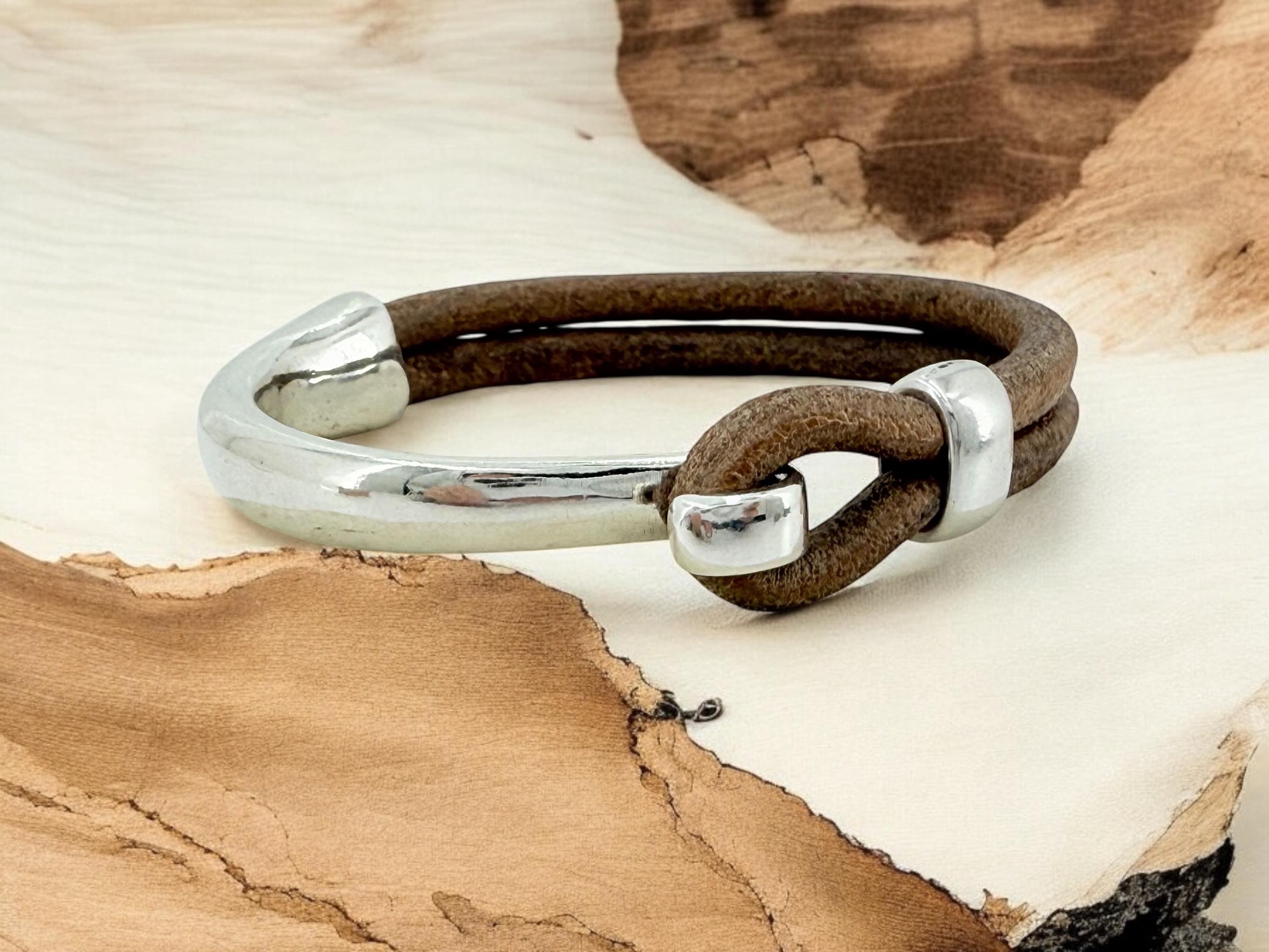Masculine silver and leather half cuff bracelet, handmade customized jewelry for men