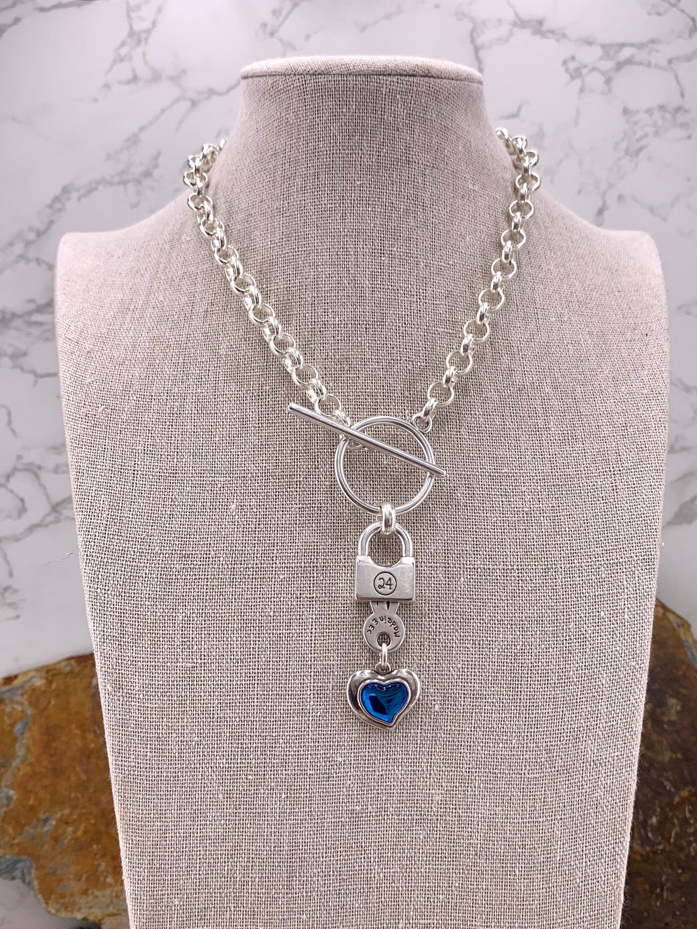 Chunky Silver Chain Necklace with Blue Heart & Padlock Pendant Bold Toggle Clasp Statement Jewelry