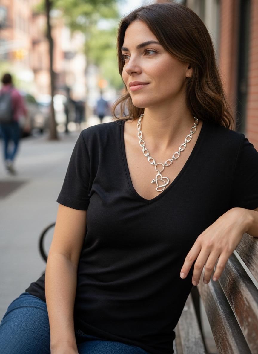 Chunky silver chain Heart Pendant Necklace – Bold Adjustable Chain with Statement Design, bold chain adjustable choker,
