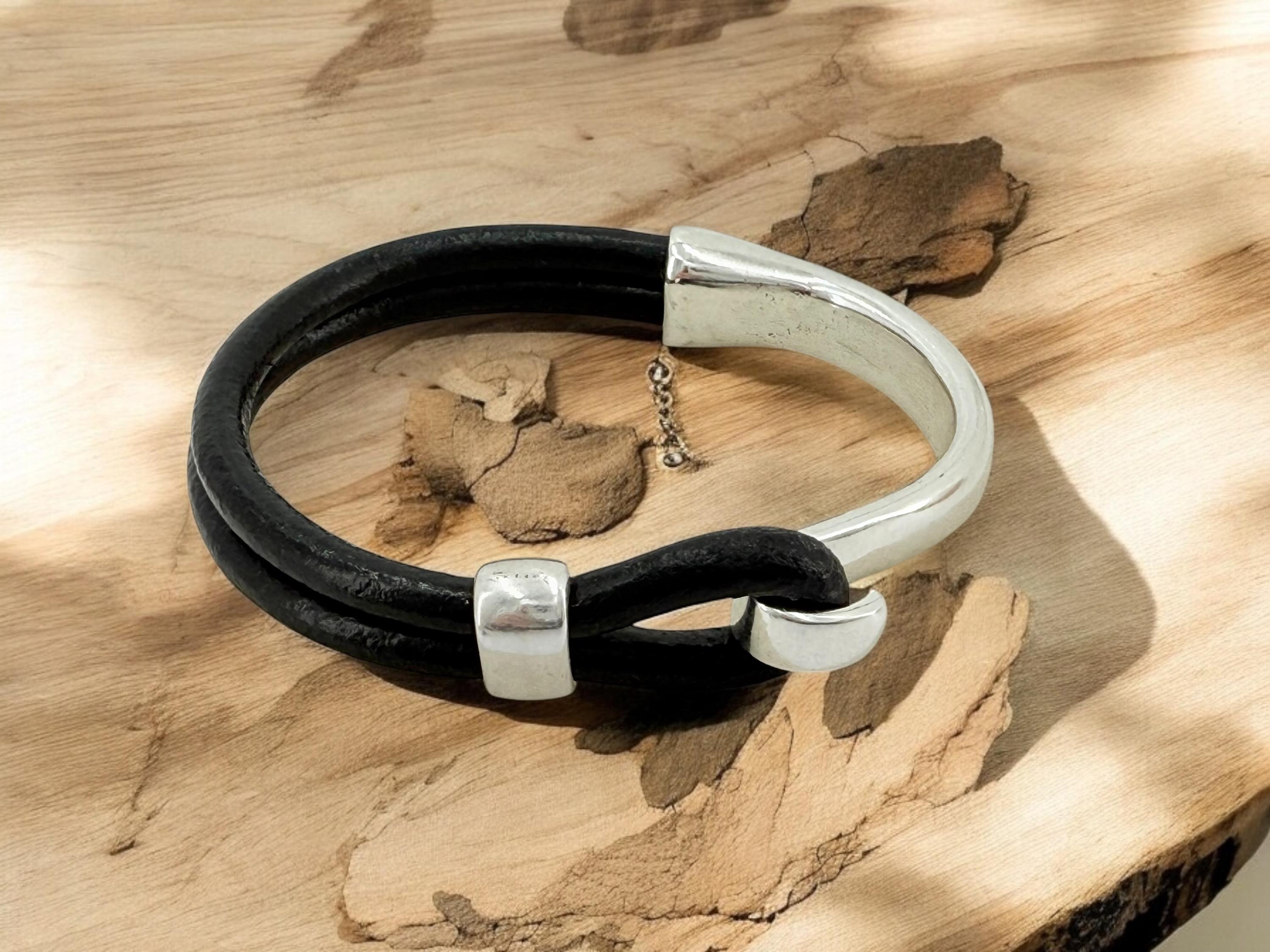 Masculine silver and leather half cuff bracelet, handmade customized jewelry for men