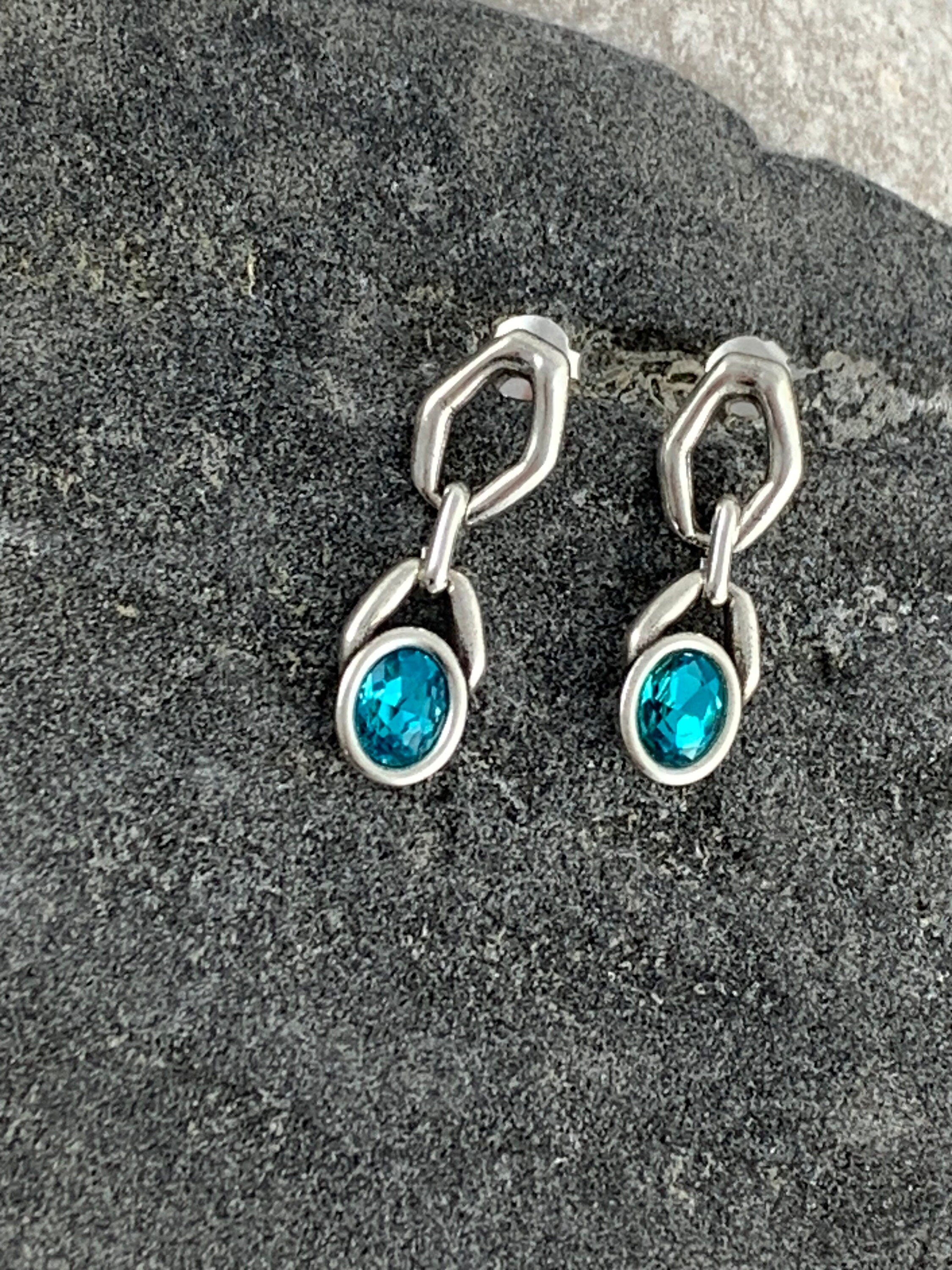 Bold Silver Earrings with Swarovski Crystal, Chunky Chain Statement Studs