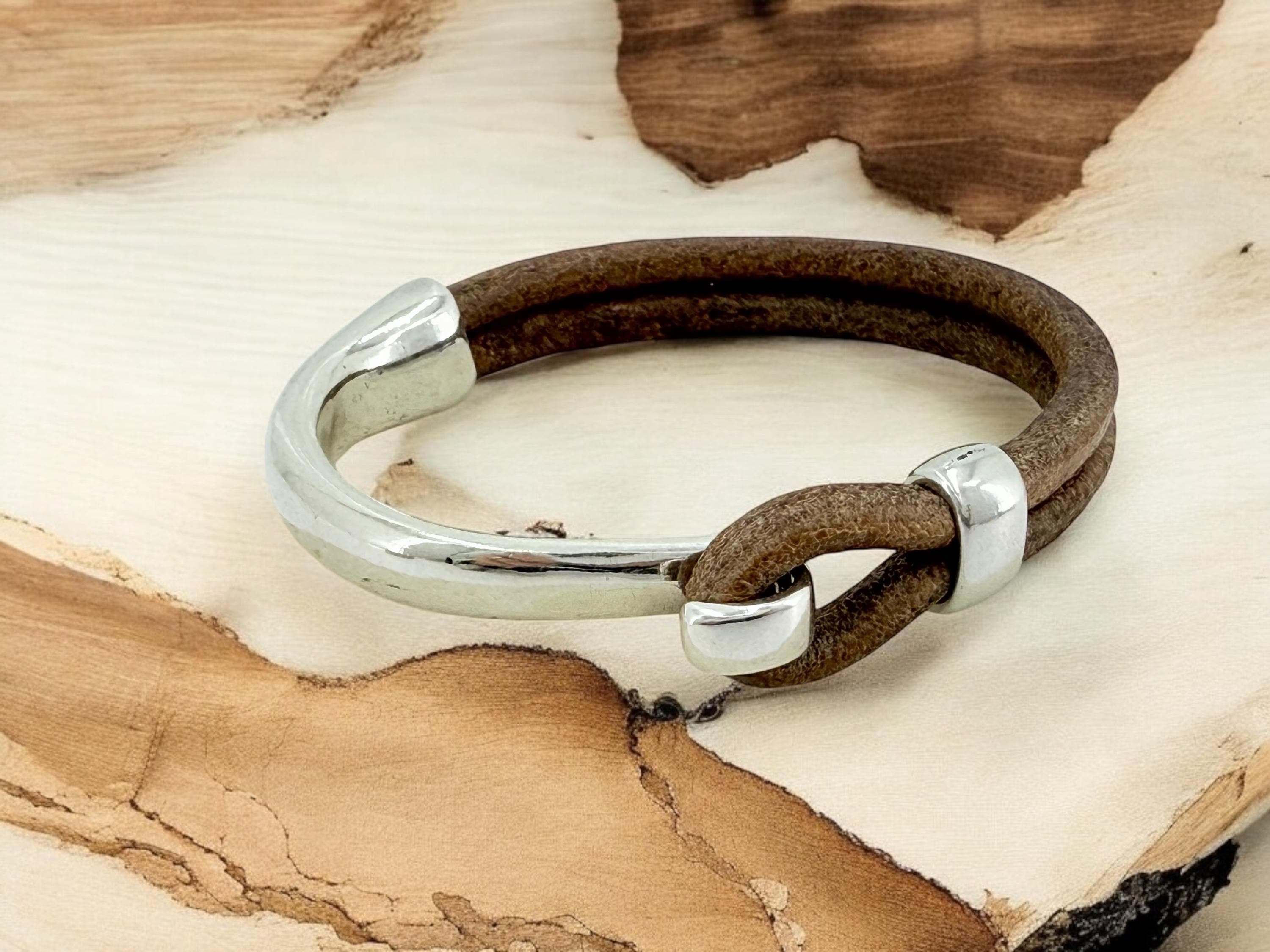 Masculine silver and leather half cuff bracelet, handmade customized jewelry for men