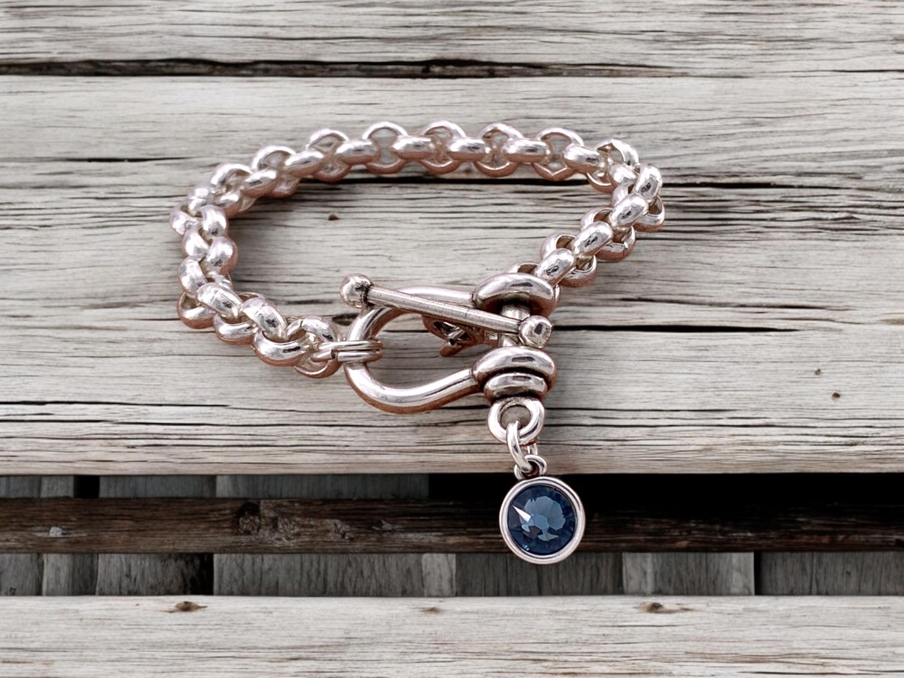 Silver chunky chain bracelet with Swarovski crystal, toggle clasp and padlock pendant, heavyweight bold bracelet, , gift