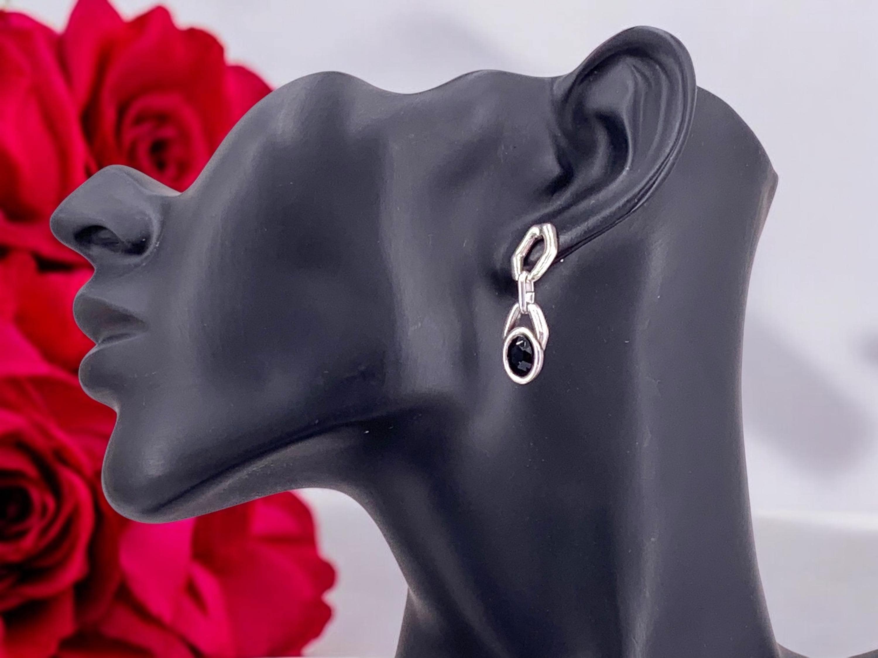Bold Silver Earrings with Swarovski Crystal, Chunky Chain Statement Studs