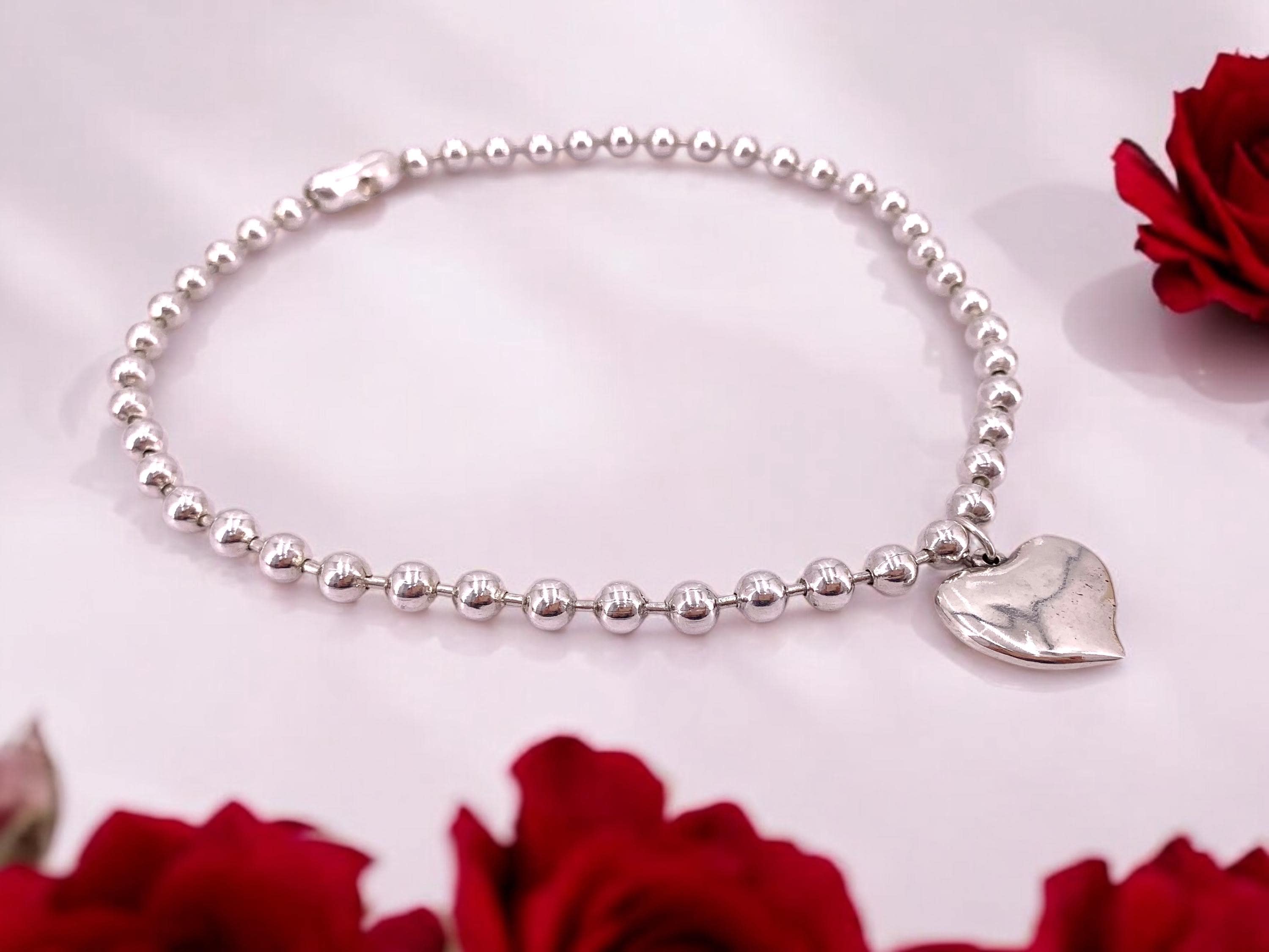 Silver plated balls chunky chain necklace with heart pendant, Minimalist custom jewelry