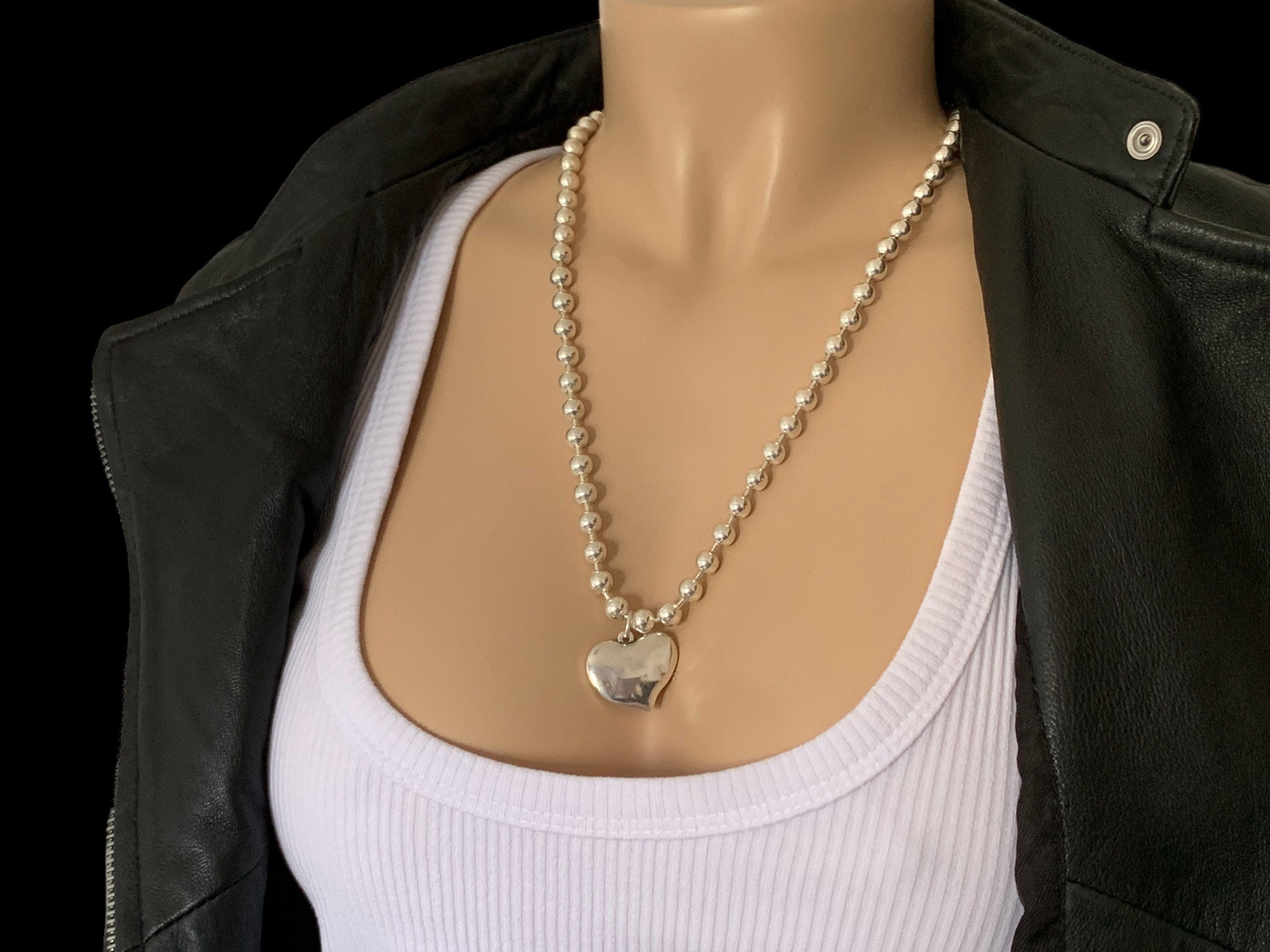Silver plated balls chunky chain necklace with heart pendant, Minimalist custom jewelry