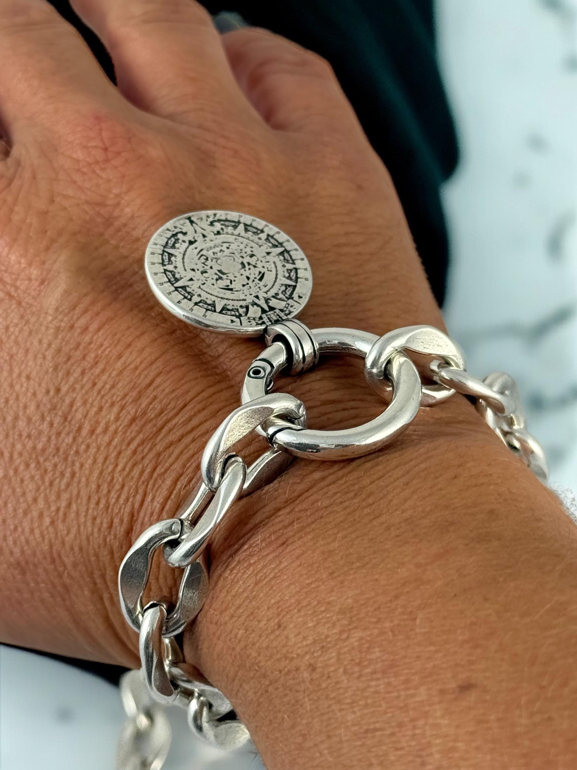 Chunky Silver special Chain Bracelet – Ancient Coin Pendant – Bold heavyweight cuff - Handmade Kukuri Jewelry