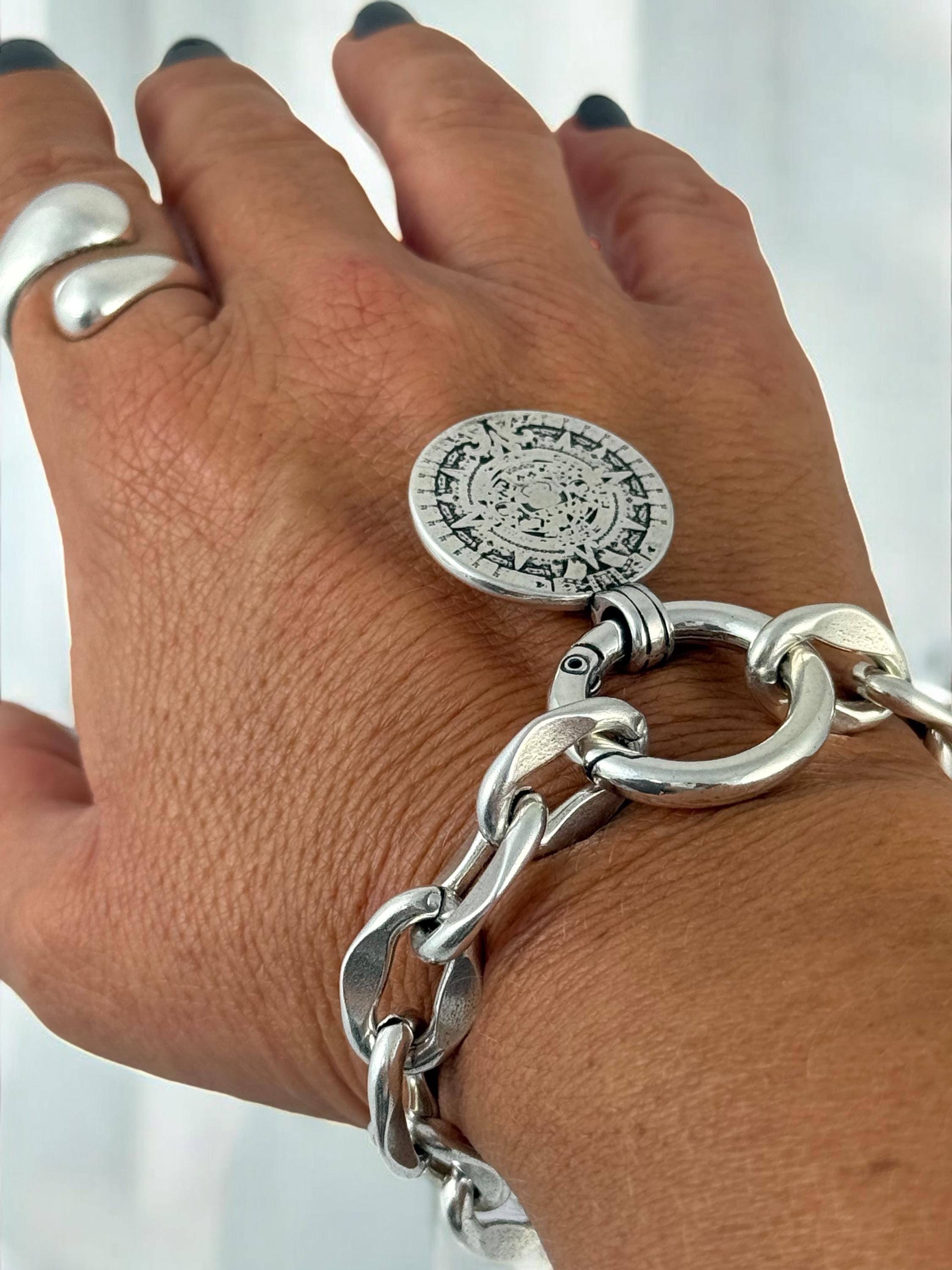 Chunky Silver special Chain Bracelet – Ancient Coin Pendant – Bold heavyweight cuff - Handmade Kukuri Jewelry