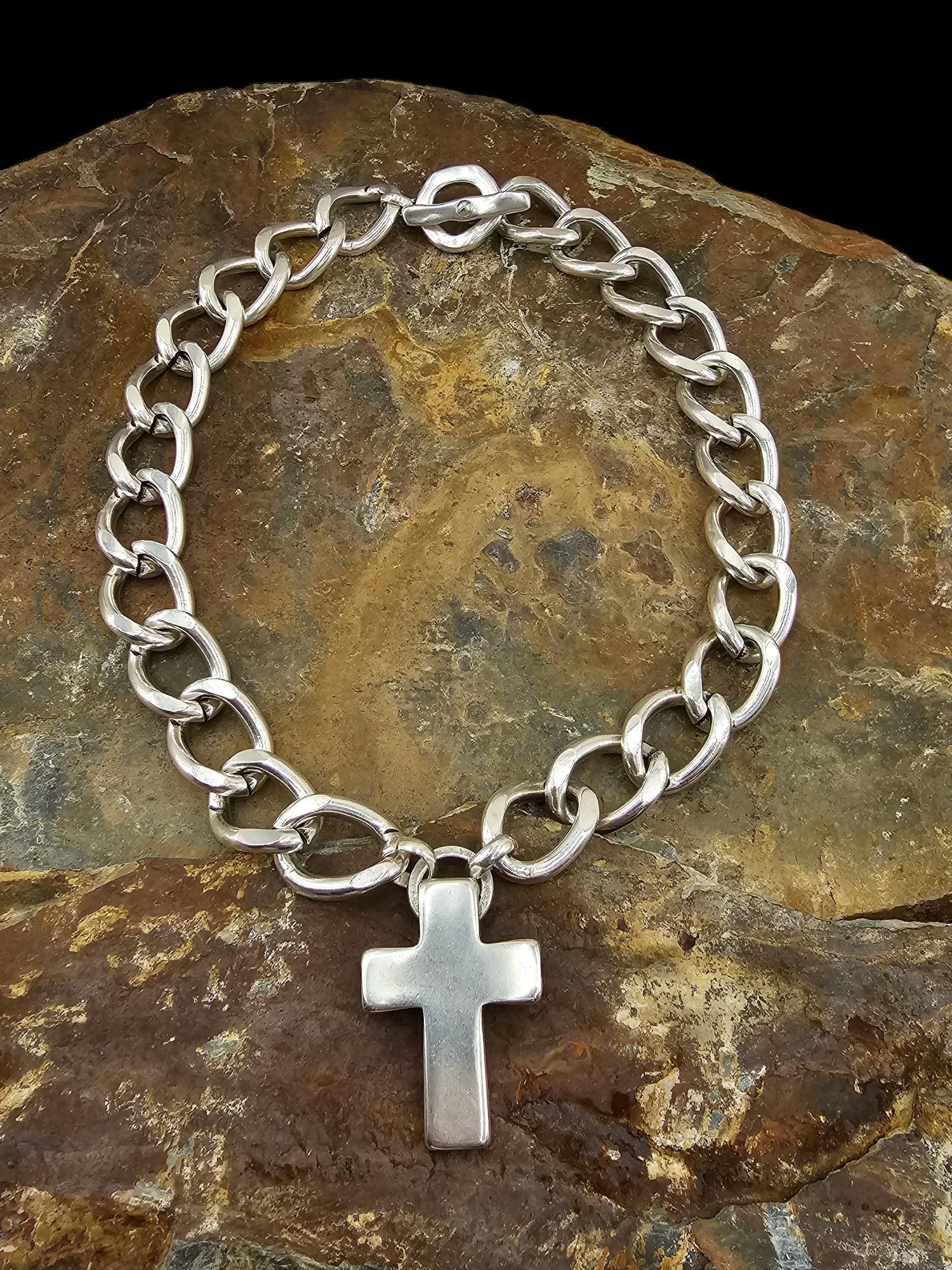 Chunky Silver cross pendant necklace, bold handmade jewelry