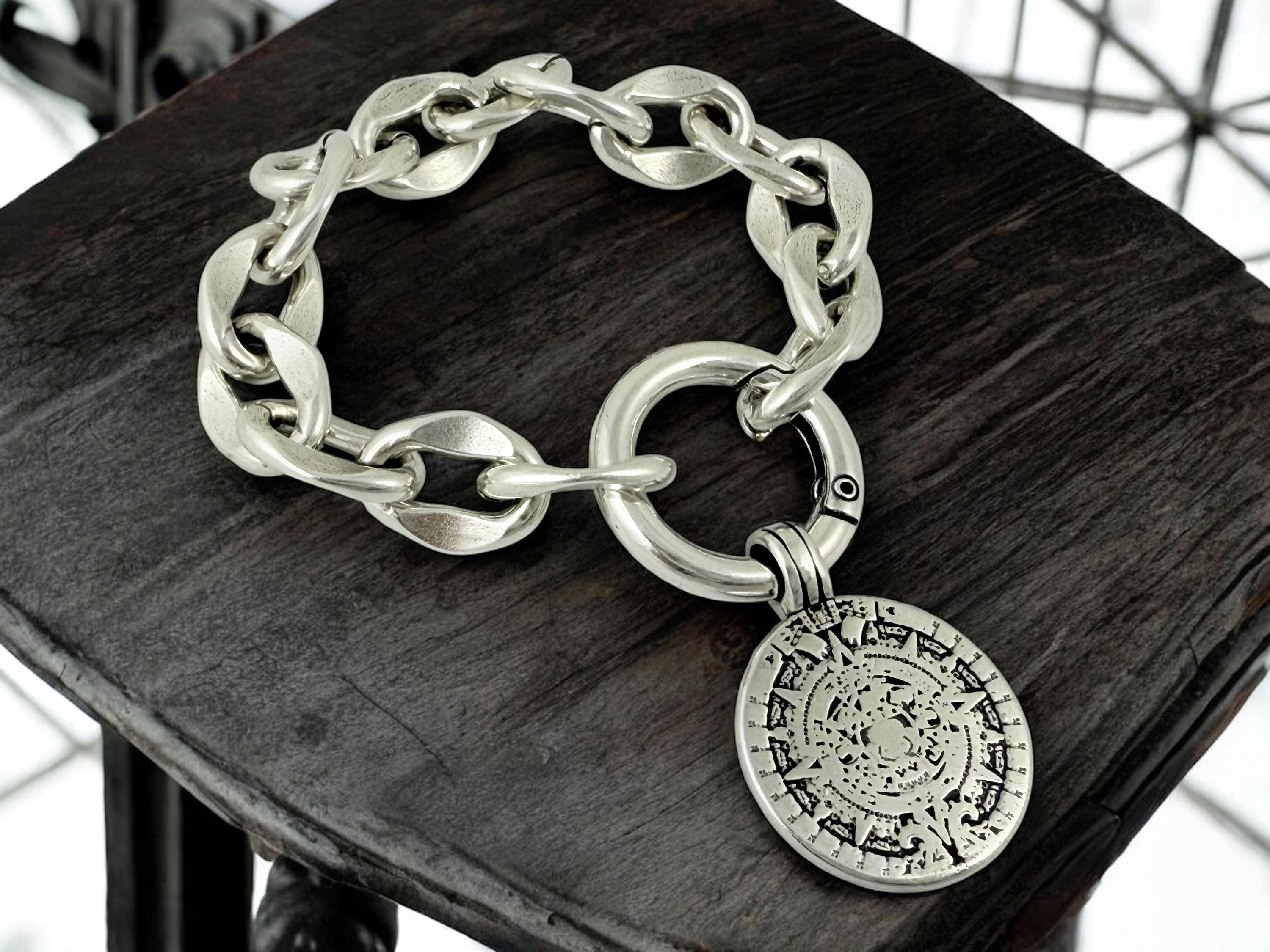 Chunky Silver special Chain Bracelet – Ancient Coin Pendant – Bold heavyweight cuff - Handmade Kukuri Jewelry
