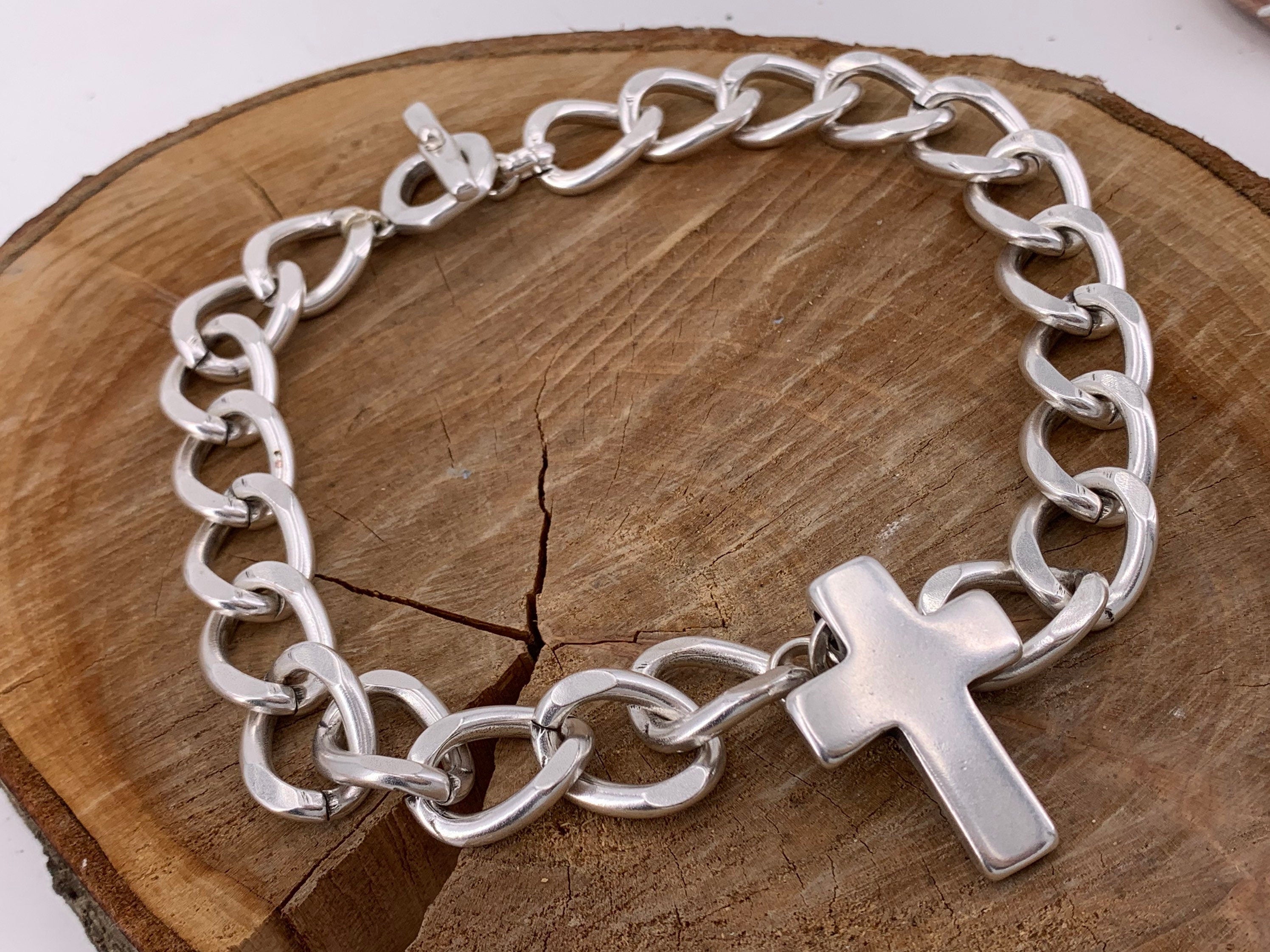 Chunky Silver cross pendant necklace, bold handmade jewelry