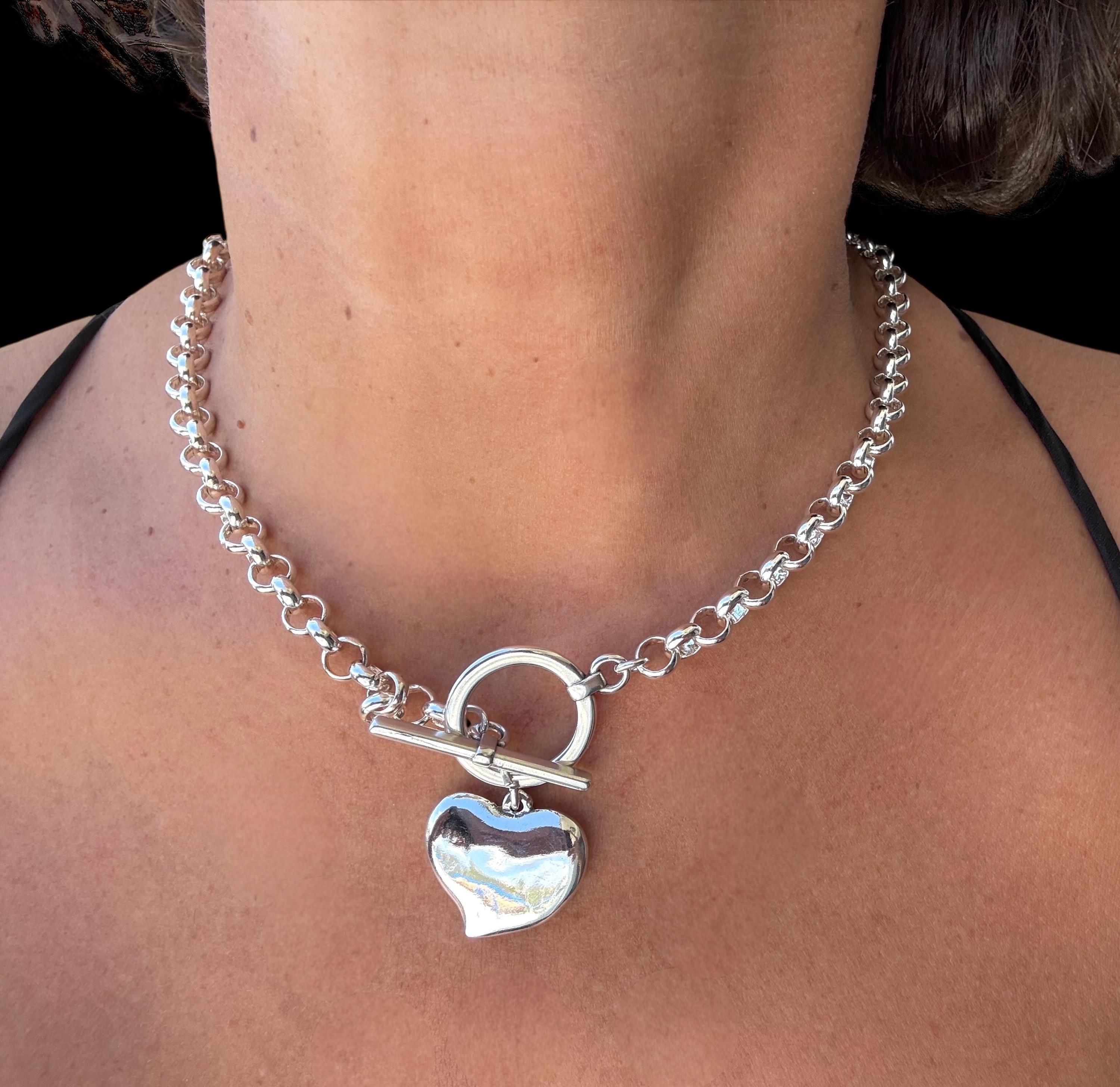 Chunky Silver Rolo Chain Necklace with Heart Pendant – Bold Toggle Clasp Choker for Women – Custom Length & Width Available,